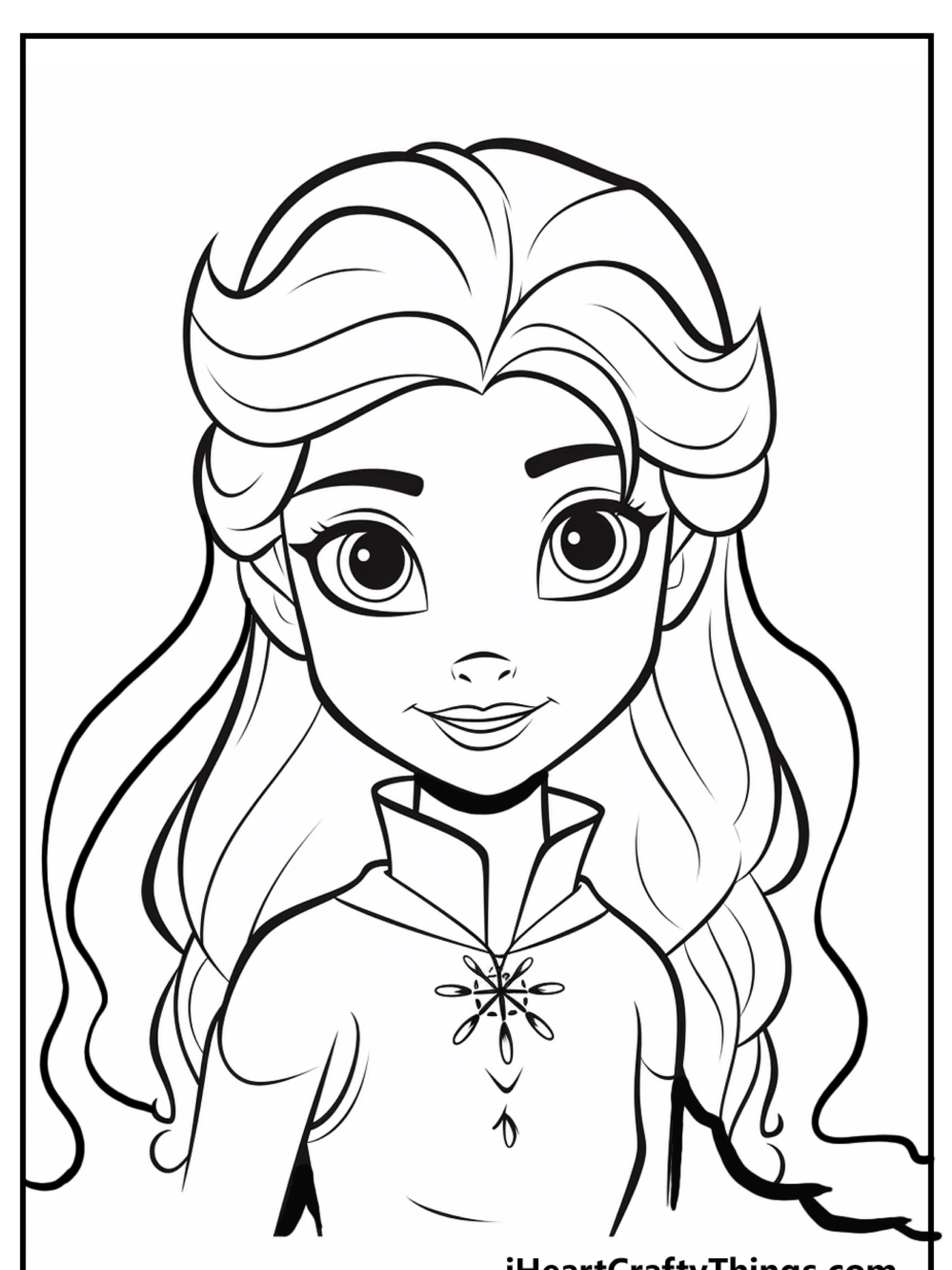 Colorir uma página de um desenho de Frozen: uma garota animada com longos cabelos ondulados, grandes olhos e uma blusa estampada, sorrindo. Pronto para imprimir!