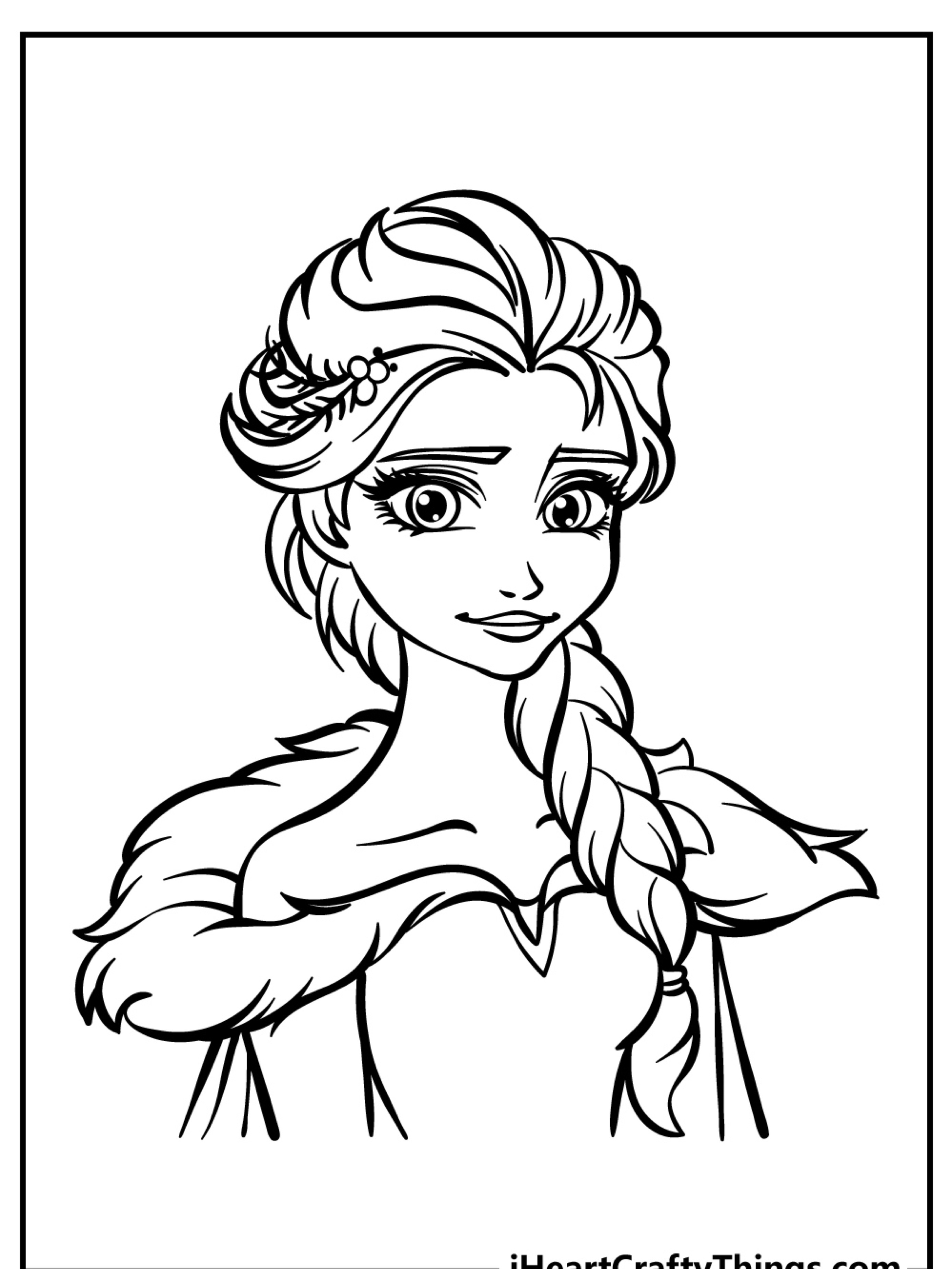 Uma página para colorir detalhada de uma princesa animada com cabelo trançado e uma roupa com acabamento em pele, perfeita para os fãs de Frozen imprimirem e se divertirem.