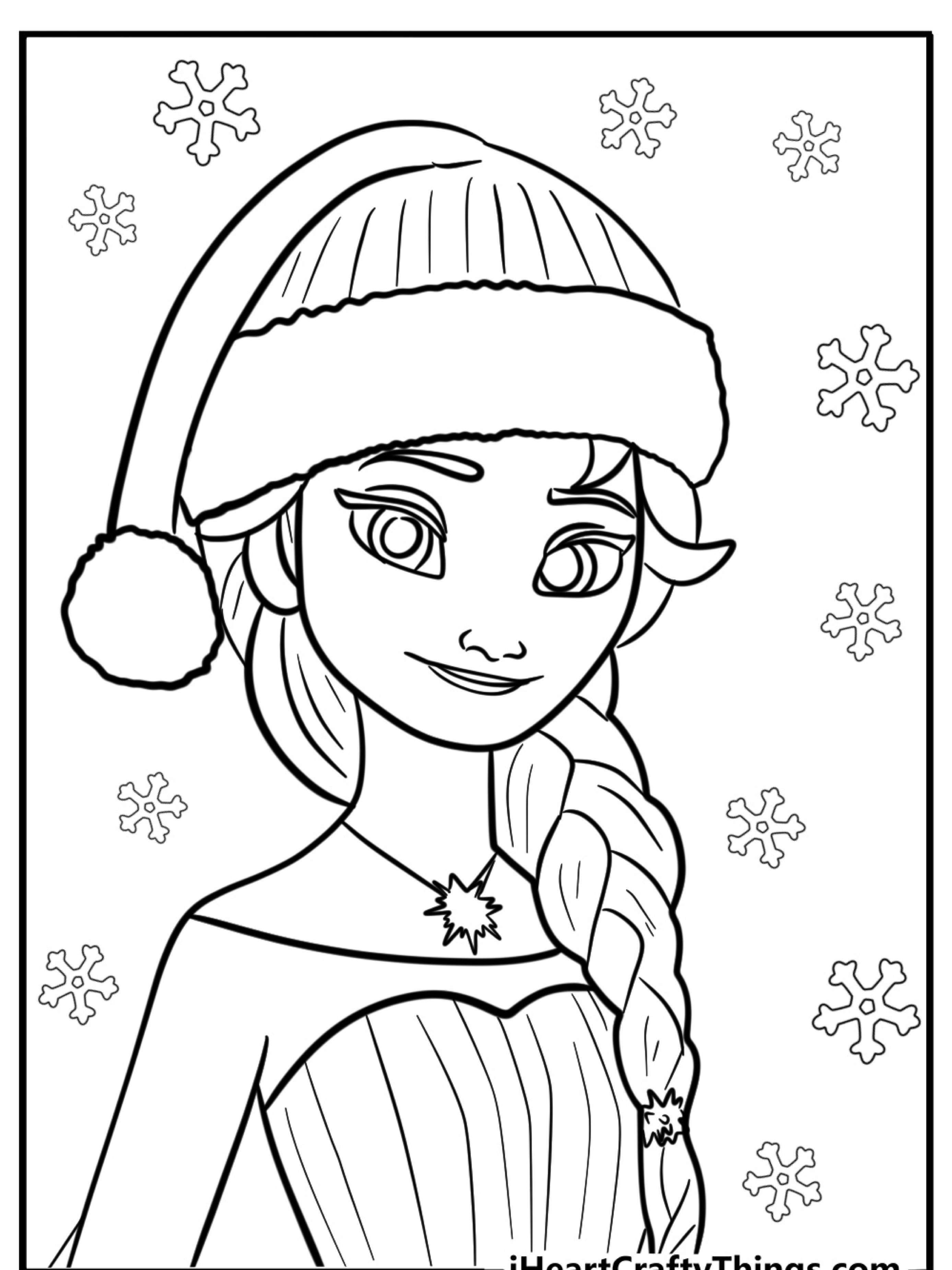 Colorir esta página com uma menina sorridente de trança, usa um chapéu de Papai Noel e vestido de inverno, cercada por flocos de neve. Perfeito para imprimir e adicionar ao seu livro de desenhos de Frozen.