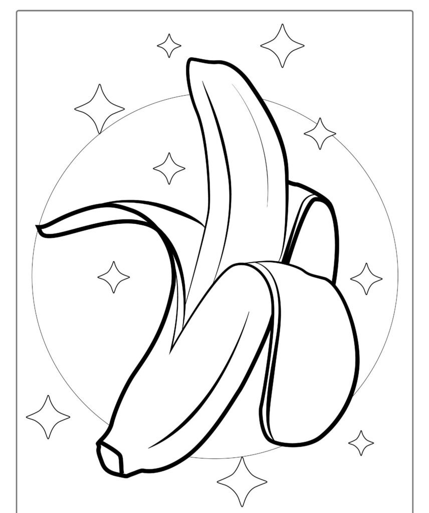 O Desenho de frutas apresenta uma banana parcialmente descascada com um círculo e estrelas estilizadas ao fundo, contornadas em preto e branco, perfeitas para imprimir e colorir.