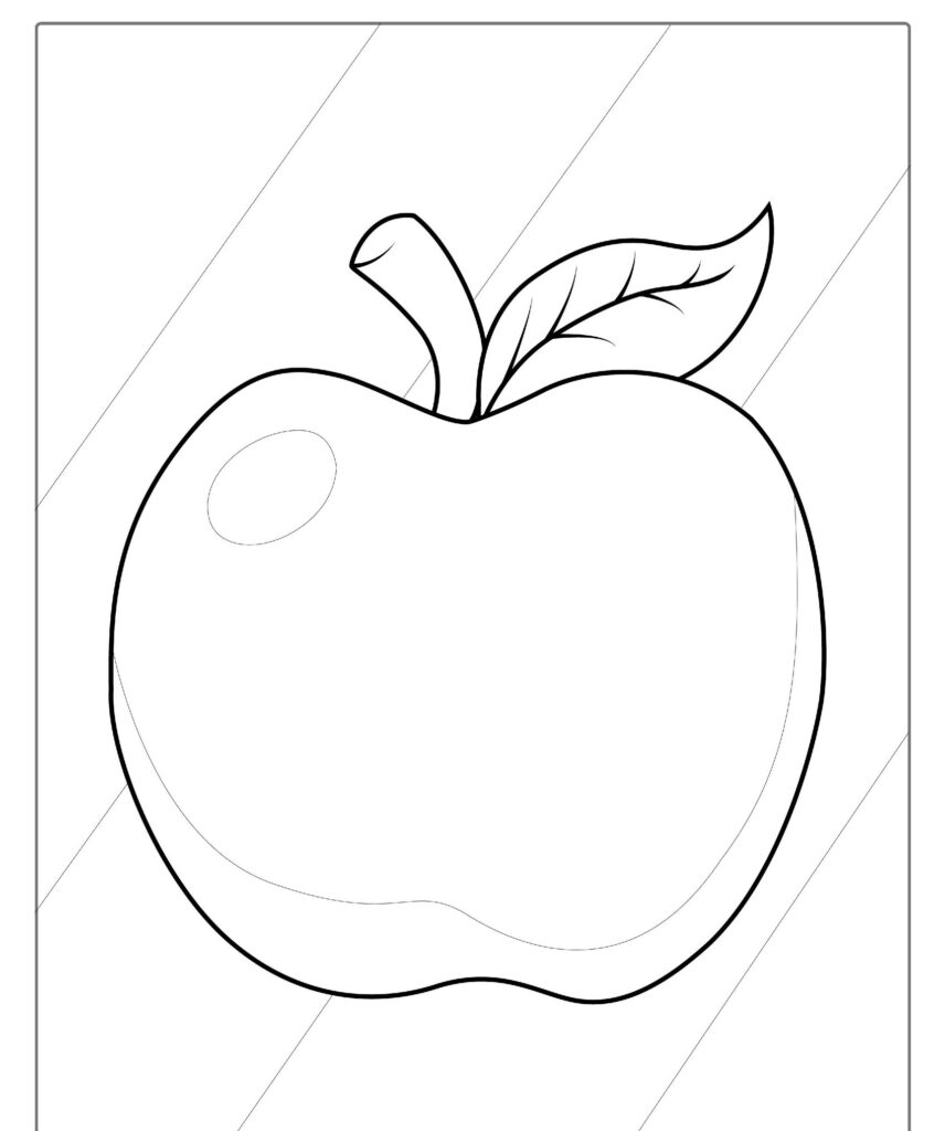 Desenho em preto e branco de uma maçã com folha e caule, perfeito para colorir e explorar o mundo das frutas no seu desenho.