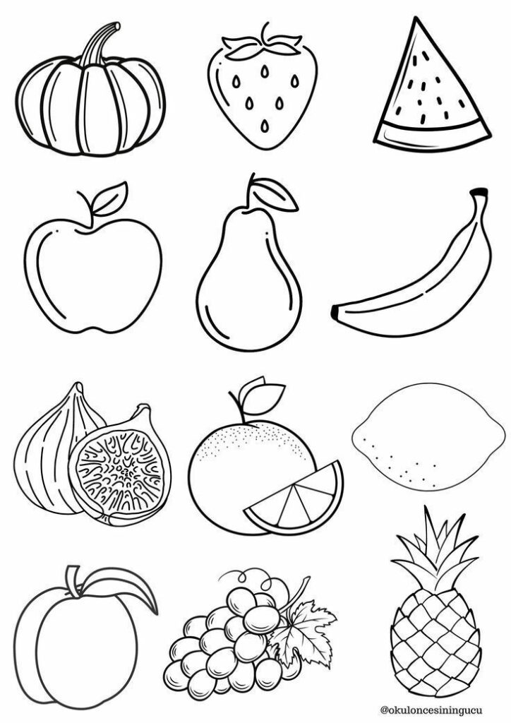 Uma ilustração em preto e branco com várias frutas, incluindo abóbora, morango, melancia e banana, é perfeita para quem quer imprimir e colorir. Aproveite este delicioso desenho de frutas!