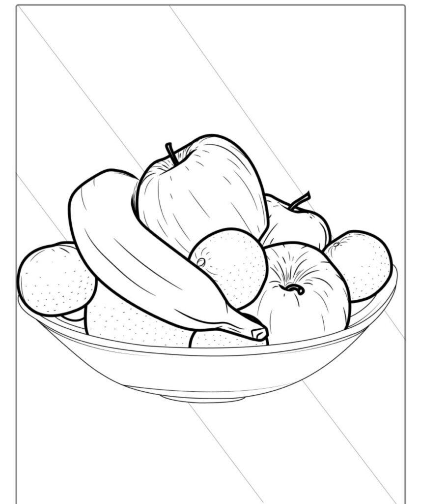 Desenho de linha de uma tigela cheia de várias frutas, incluindo maçãs, uma banana e laranjas. Perfeito para colorir ou imprimir como um desenho de frutas.