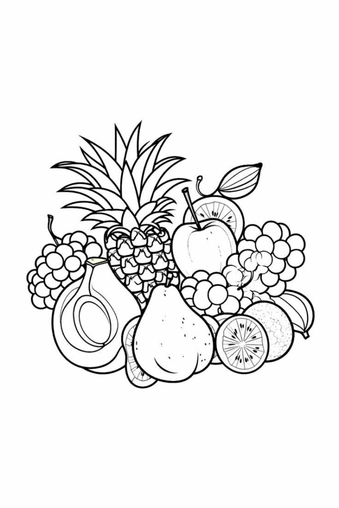 Desenho de frutas em preto e branco, incluindo um abacaxi, cachos de uvas, uma maçã, uma pera e fatias cítricas. Pronto para colorir ou imprimir.