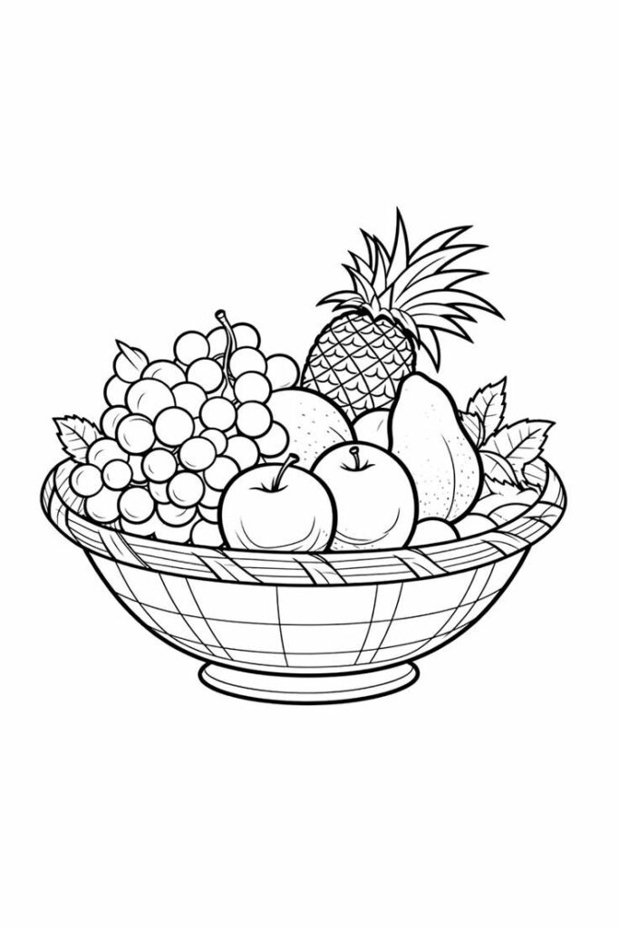 Desenho de uma cesta de frutas com uvas, maçãs, peras, um abacaxi e folhas dentro. Perfeito para colorir e imprimir para quem gosta de atividades artísticas.