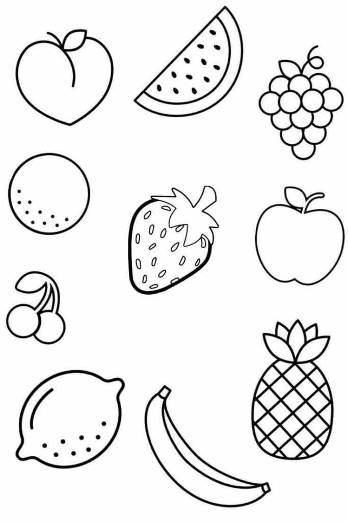 Ilustrações em preto e branco de várias frutas, incluindo pêssego, melancia, uva, laranja, morango, maçã, cereja, limão, banana e abacaxi — perfeitas para colorir ou imprimir como uma divertida atividade de desenho de frutas.