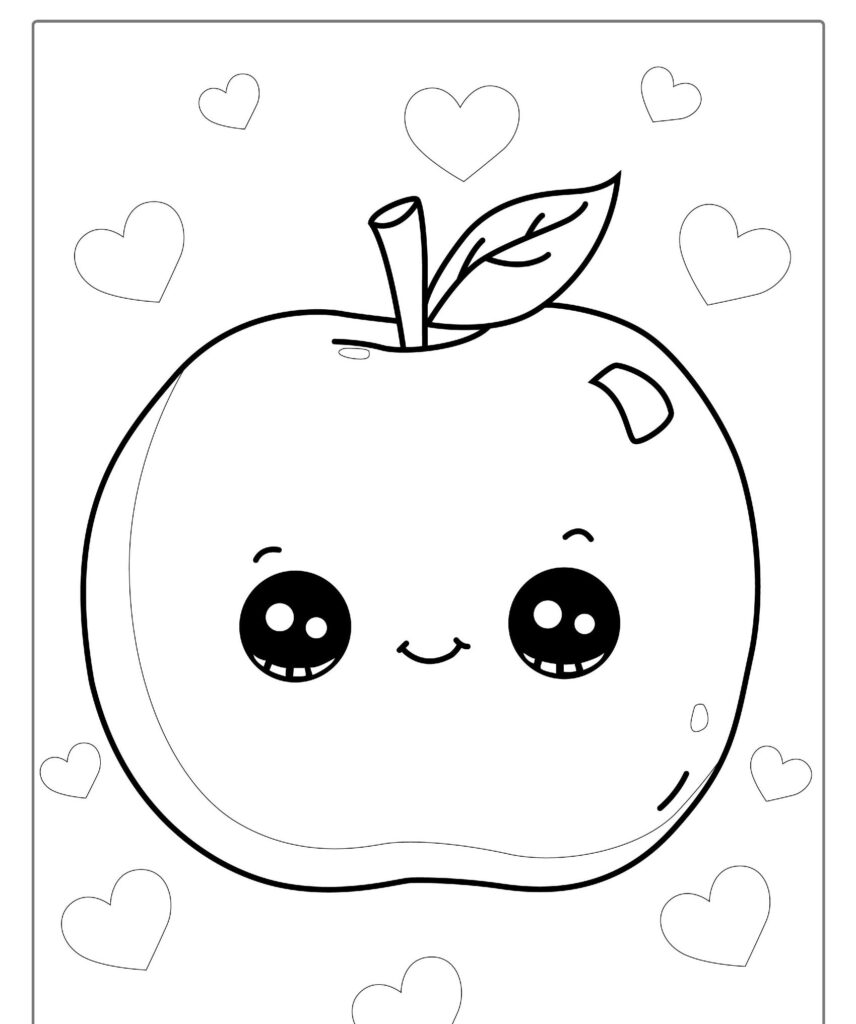 Maçã de desenho animado sorridente com olhos grandes, cercada por corações flutuantes em uma página para colorir. Este desenho de frutas é perfeito para aqueles que amam frutas para colorir e mal podem esperar para imprimir desenho e começar a colorir!