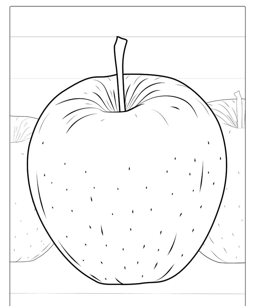 Desenho em preto e branco de três maçãs, com a maçã maior no centro e duas parcialmente visíveis atrás dela — perfeito para quem procura frutas para colorir.