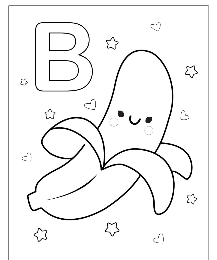 Um desenho fofo de frutas com uma banana descascada sorridente com a letra "B" e pequenas estrelas e corações ao redor.