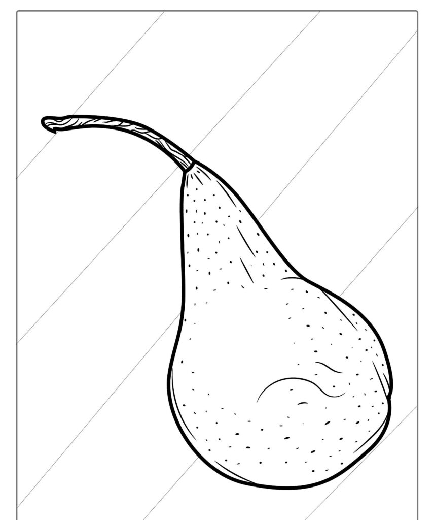 Um desenho em preto e branco de uma pêra com um caule e superfície texturizada sobre um fundo pautado, perfeito para colorir ou imprimir como parte da sua coleção de frutas.