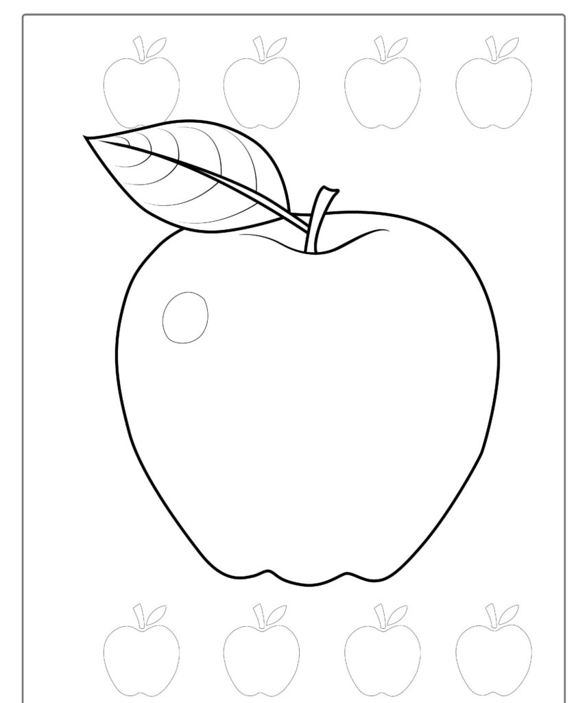 Imagem em preto e branco do contorno de uma maçã grande com uma folha, cercada por maçãs menores - perfeito para desenho de frutas para colorir.