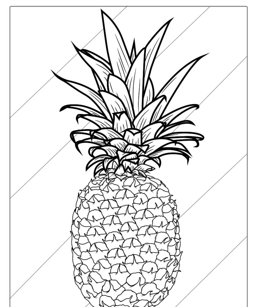 Um desenho em preto e branco de um abacaxi com folhas detalhadas e casca texturizada, perfeito para quem quer imprimir frutas para colorir.