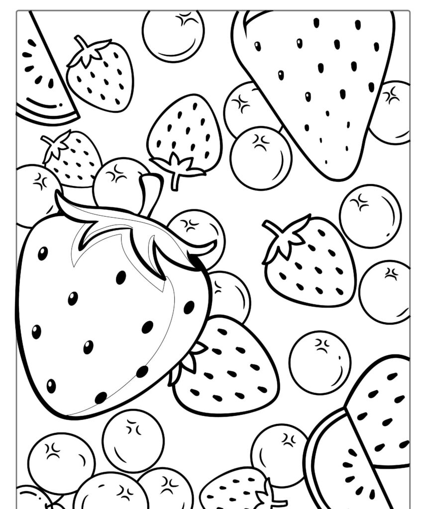 Desenho de frutas em preto e branco com morangos, mirtilos e fatias de melancia, perfeito para colorir ou imprimir como uma atividade divertida.