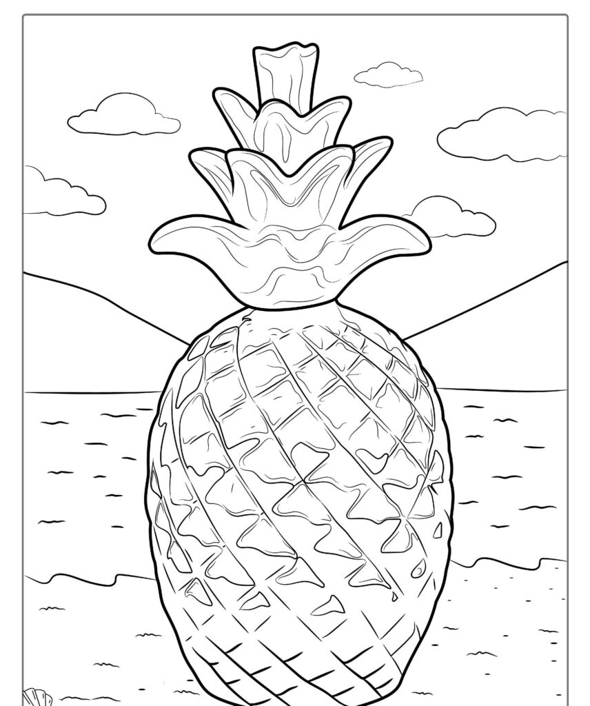 Desenho de frutas: Desenho de um abacaxi em uma praia com montanhas e nuvens ao fundo, perfeito para imprimir e colorir.