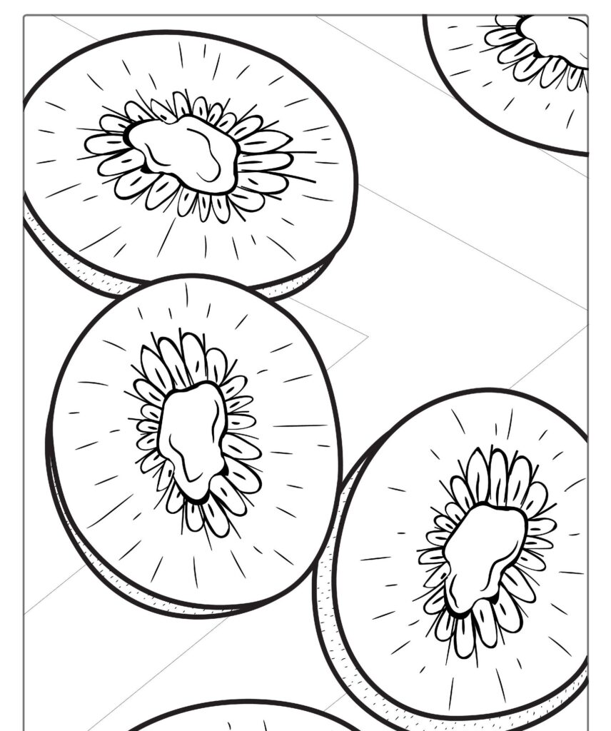 Ilustração em preto e branco de fatias de kiwi sobrepostas com sementes e texturas detalhadas, perfeitas para imprimir e colorir. Este desenho de frutas captura os detalhes intrincados lindamente.