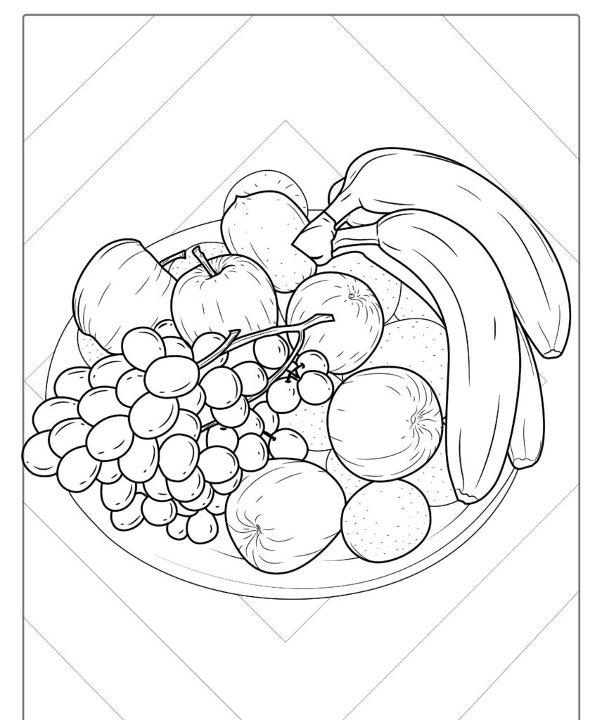 Um desenho de linha em preto e branco apresenta uma tigela de frutas variadas, incluindo bananas, maçãs, uvas, laranjas e outras frutas redondas. Ideal para imprimir e colorir.