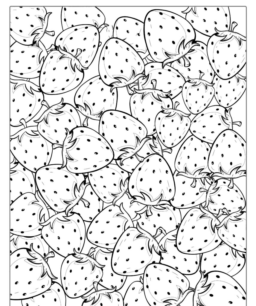 Um desenho de frutas para colorir cheio de morangos, cada um com folhas e sementes, densamente agrupados. Pronto para imprimir e dar vida com cores vibrantes!