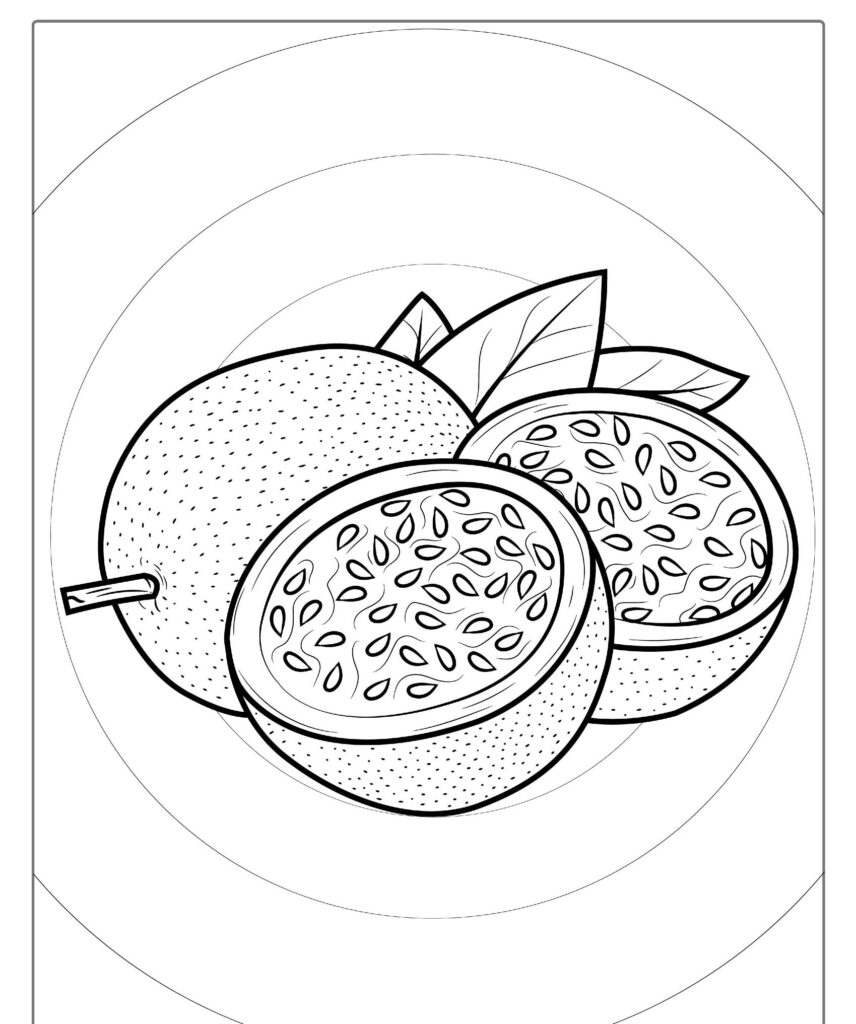 Desenho em preto e branco de um maracujá inteiro e duas metades, com sementes e folhas visíveis atrás delas. Perfeito para imprimir e colorir, este desenho de frutas adiciona um toque artístico a qualquer espaço.