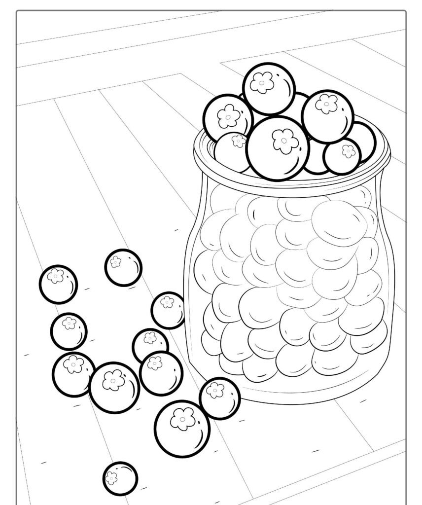 Um pote cheio de mirtilos, com alguns mirtilos espalhados sobre uma superfície de madeira ao lado, perfeito para um delicioso desenho de frutas para colorir.