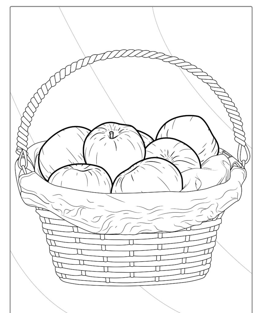 Desenho de uma cesta de vime cheia de maçãs, coberta com um pano, mostrado contra um fundo simples, perfeito para quem gosta de desenhar frutas. Ideal para imprimir e colorir para uma atividade relaxante.