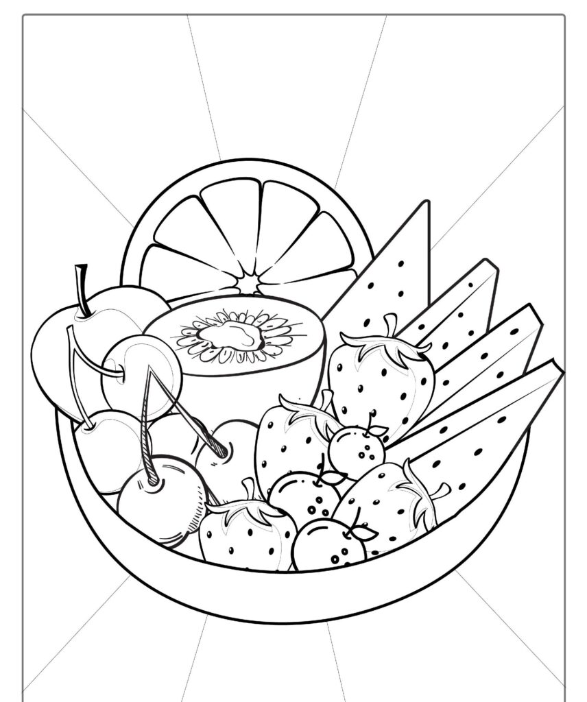 Um desenho de frutas em preto e branco mostrando uma tigela cheia de frutas variadas, incluindo cerejas, morangos, kiwis e uma fatia de cítrico. Perfeito para imprimir e colorir para uma atividade divertida e criativa.