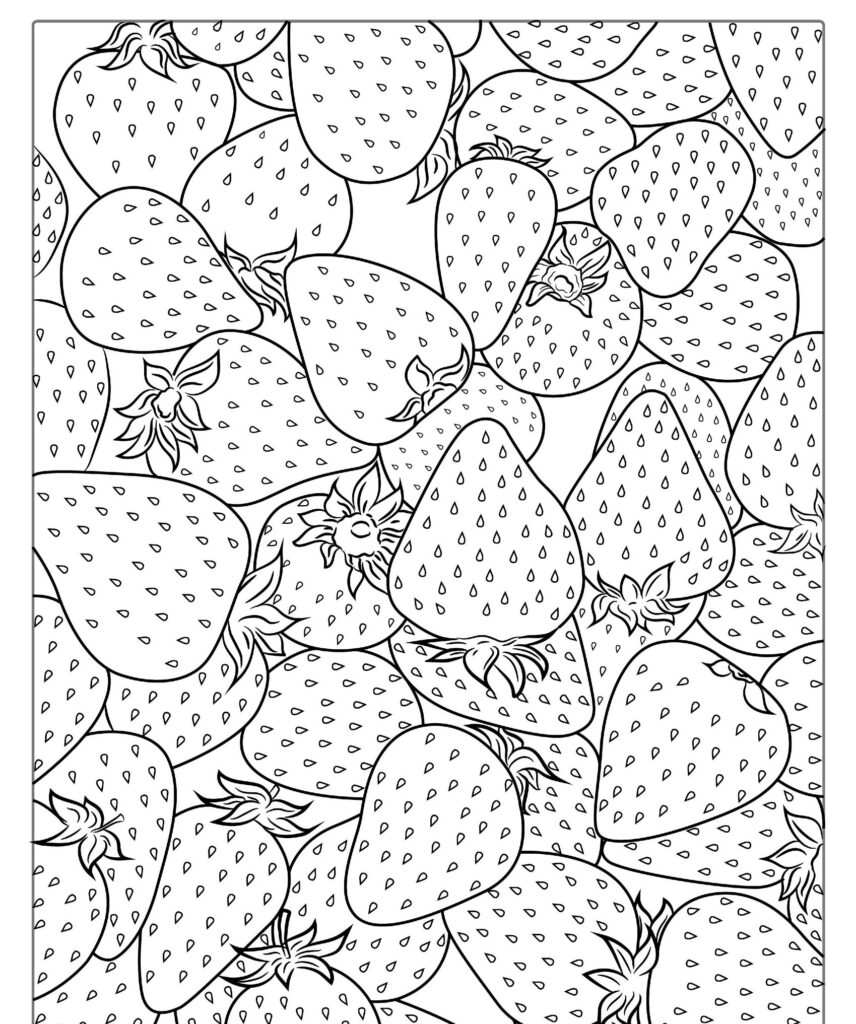 Página para colorir com um padrão de morangos, inteiros e fatiados, com sementes e folhas detalhadas. Perfeito para imprimir e colorir, este desenho de frutas é ideal para quem ama detalhes intrincados.