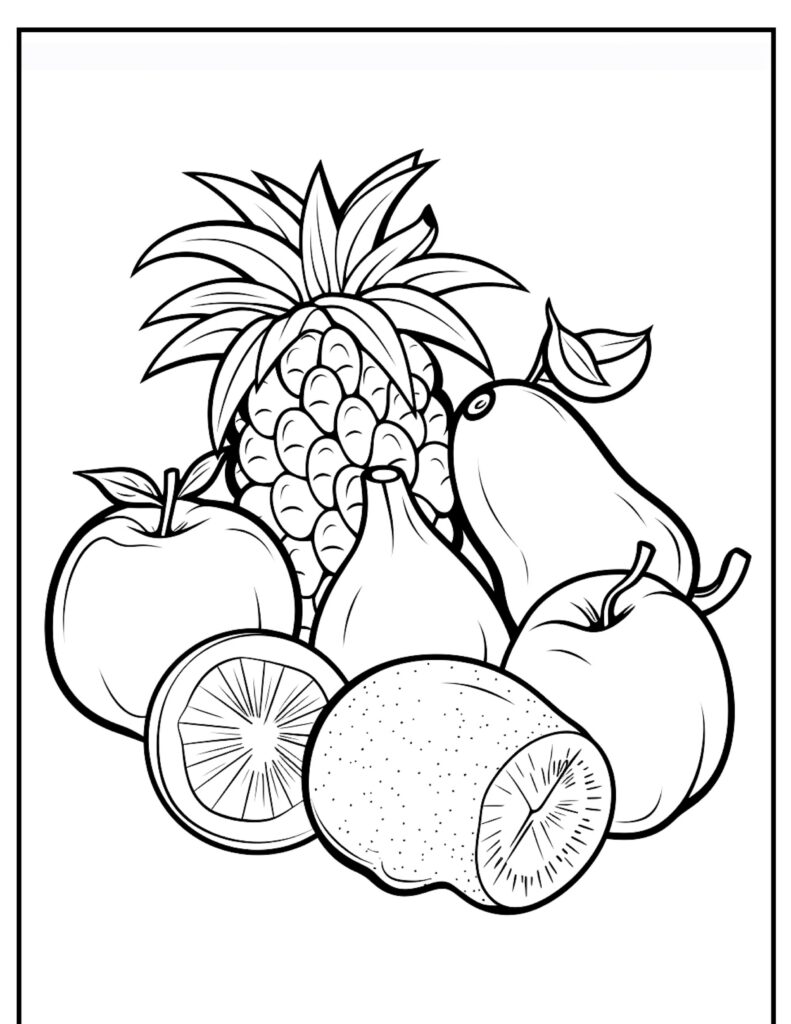 Desenho de várias frutas, incluindo abacaxi, pêra, maçãs, fatia de limão e kiwi. Perfeito para imprimir e colorir para horas de diversão criativa!