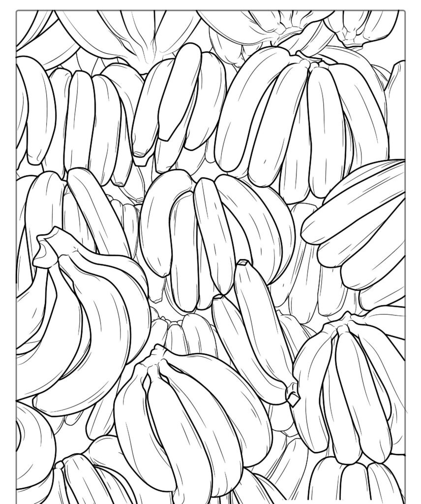 Ilustração de contorno de um grande cacho de bananas preenchendo todo o quadro, com bananas parcialmente descascadas e inteiras. Perfeito para um projeto de "desenho de frutas", você também pode imprimir e colorir este vibrante design de frutas.