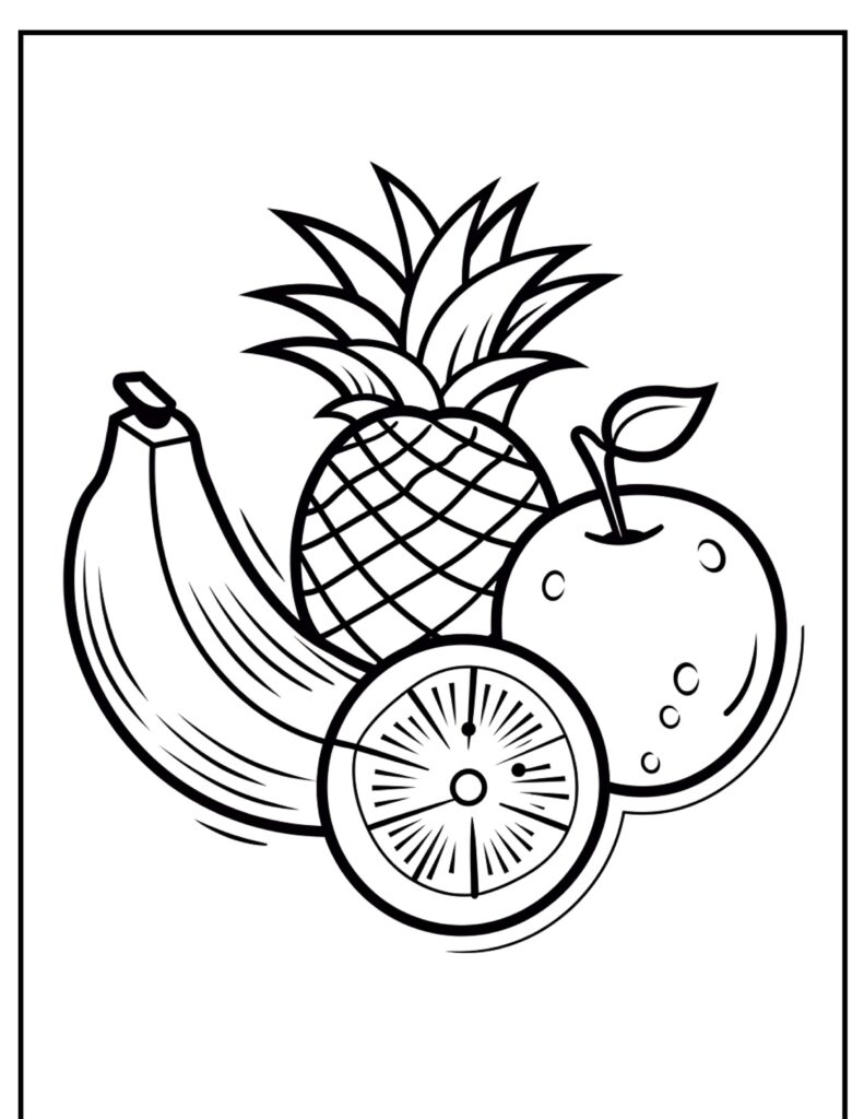 Um desenho em preto e branco de um abacaxi, uma banana, uma maçã e uma fatia de laranja, perfeito para colorir ou imprimir.