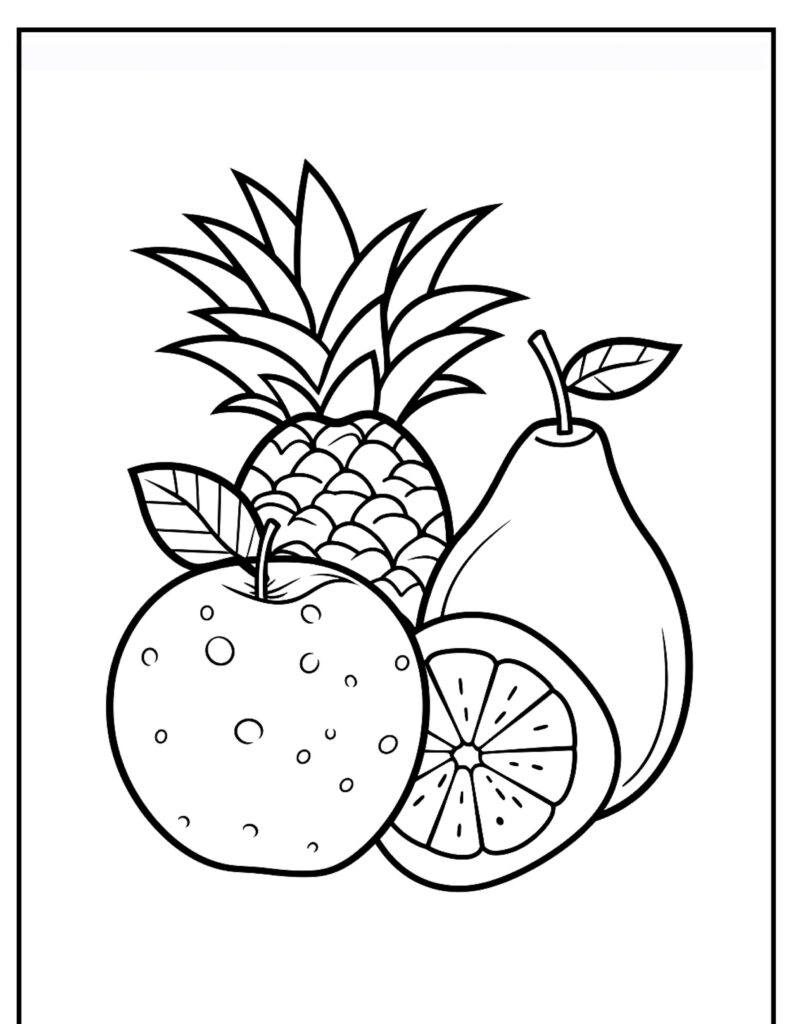 Desenho de frutas: Desenho em preto e branco de abacaxi, pêra, laranja e uma rodela de limão com folha, perfeito para colorir e imprimir.