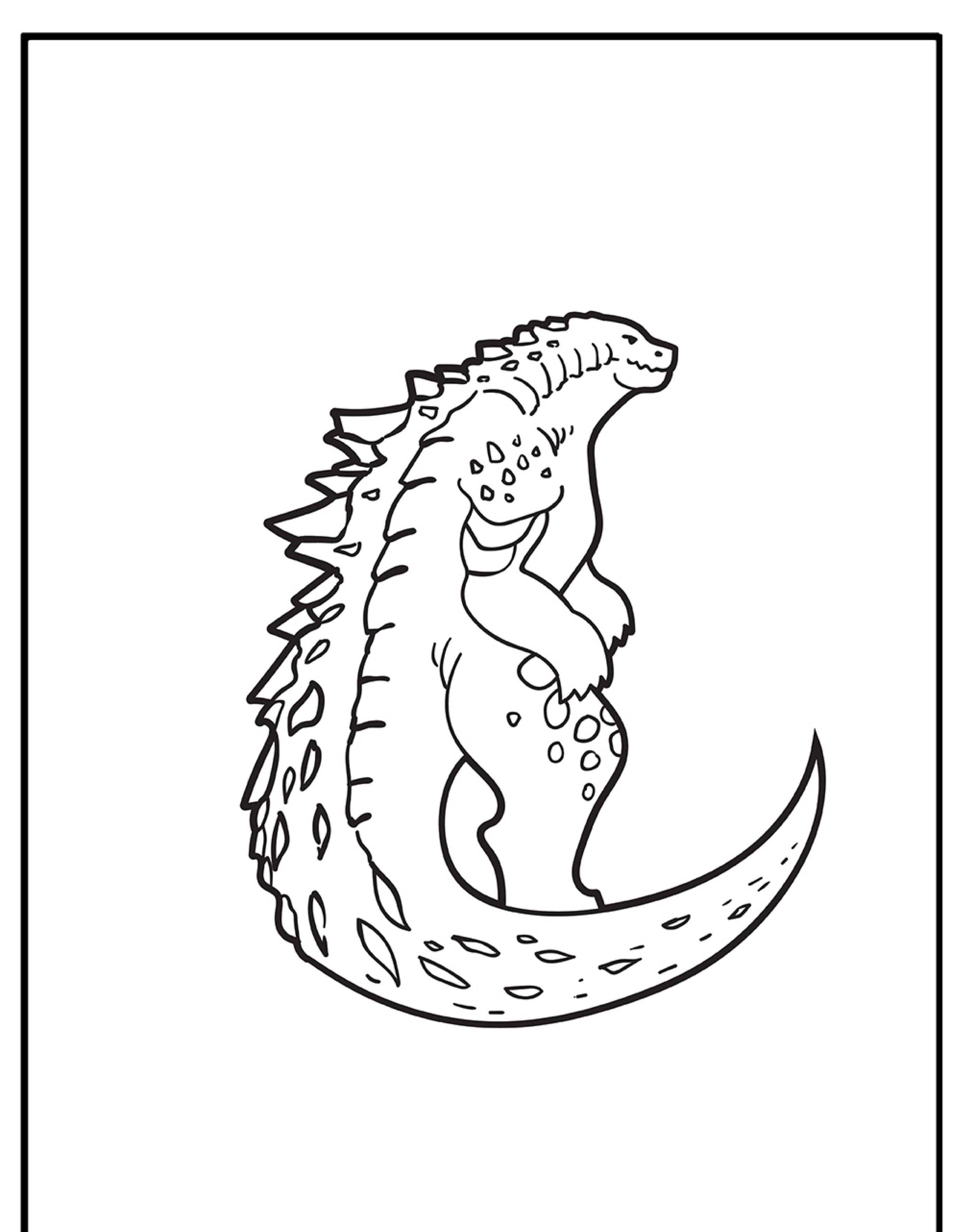 Contorno de um dinossauro com costas pontiagudas e cauda longa, que lembra Godzilla, virado para a direita em um fundo branco — perfeito para desenhos para colorir.