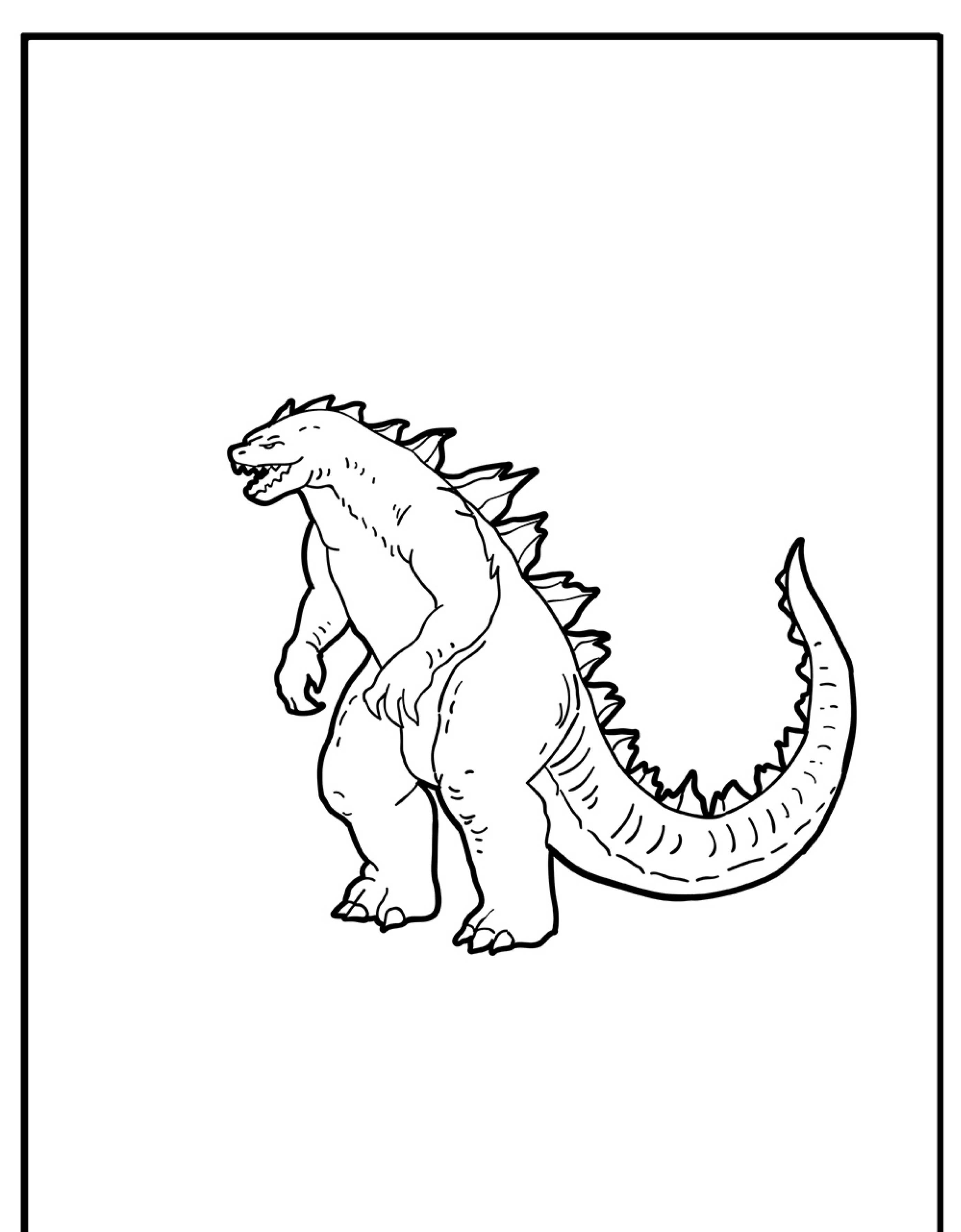 Desenho de contorno preto e branco de um dinossauro em pé com espinhos nas costas e uma cauda longa, que lembra Godzilla. Perfeito para as crianças colorirem e darem vida a esse gigante.