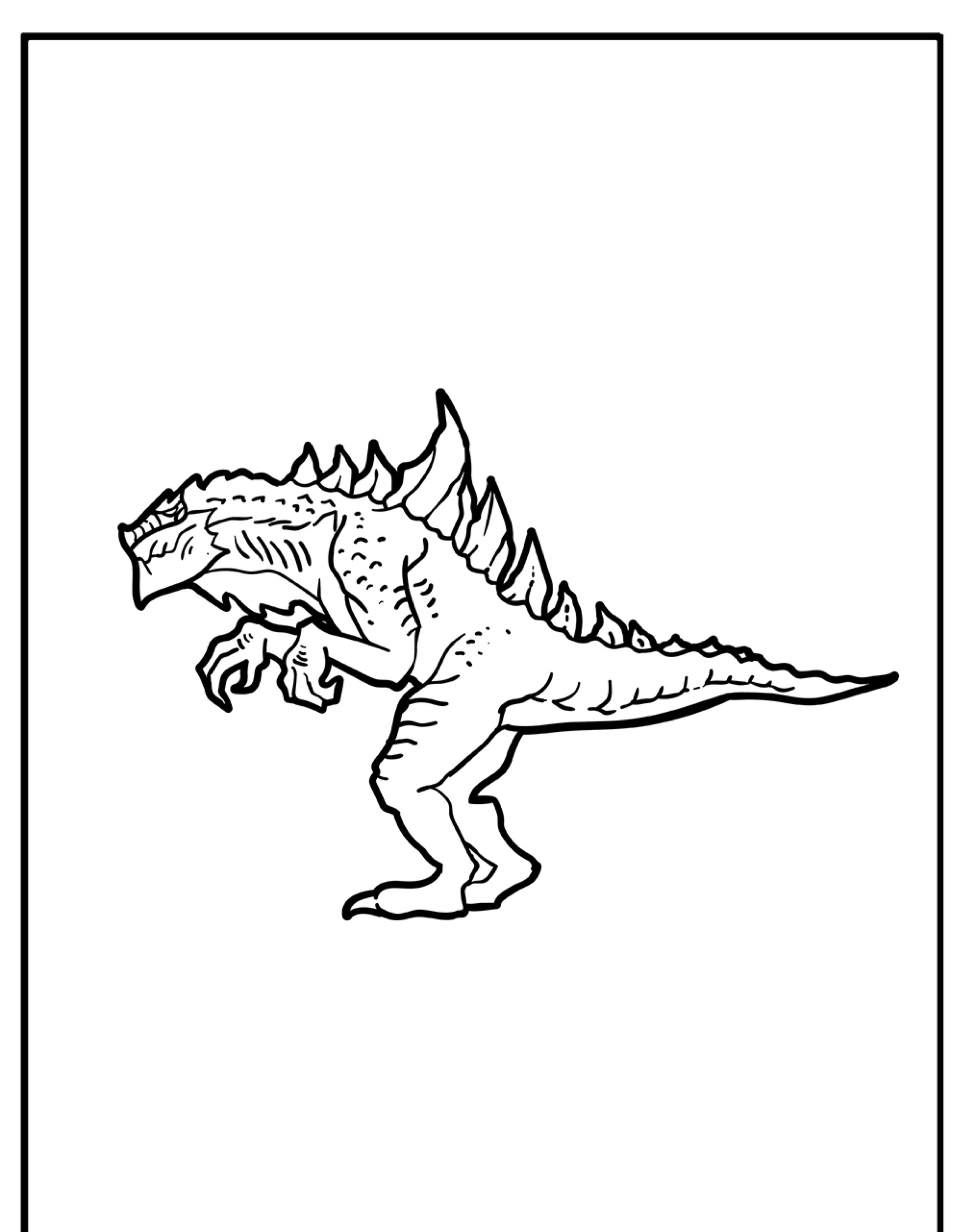 Um desenho de um dinossauro com espinhos nas costas, que lembra Godzilla, em pé sobre duas pernas em uma vista de perfil lateral. Perfeito para colorir e adicionar seu próprio toque, este Desenho oferece uma mistura de criatividade e diversão.