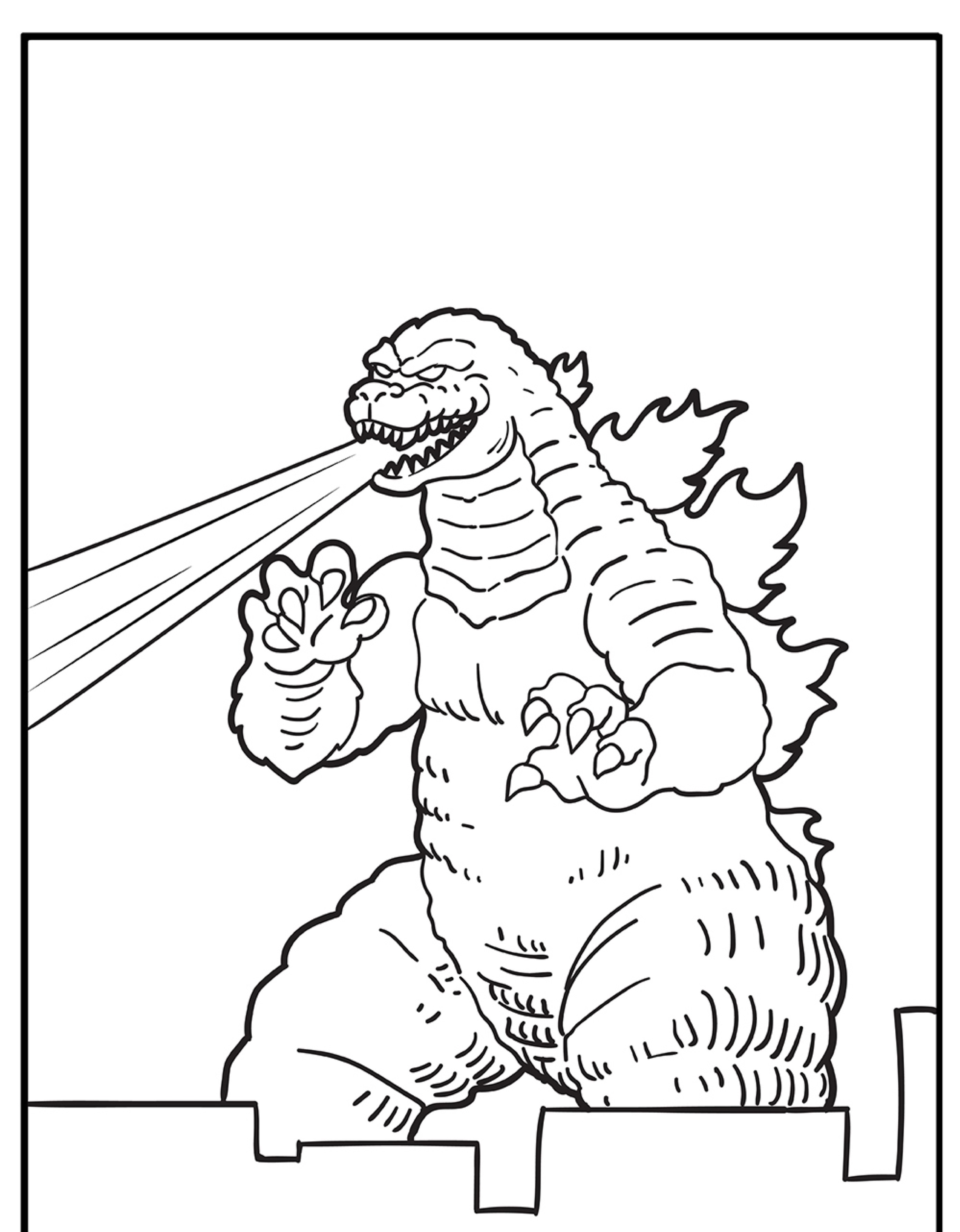 Desenho preto e branco do Godzilla rugindo, com raios saindo da boca e chamas nas costas. Perfeito para quem gosta de colorir.