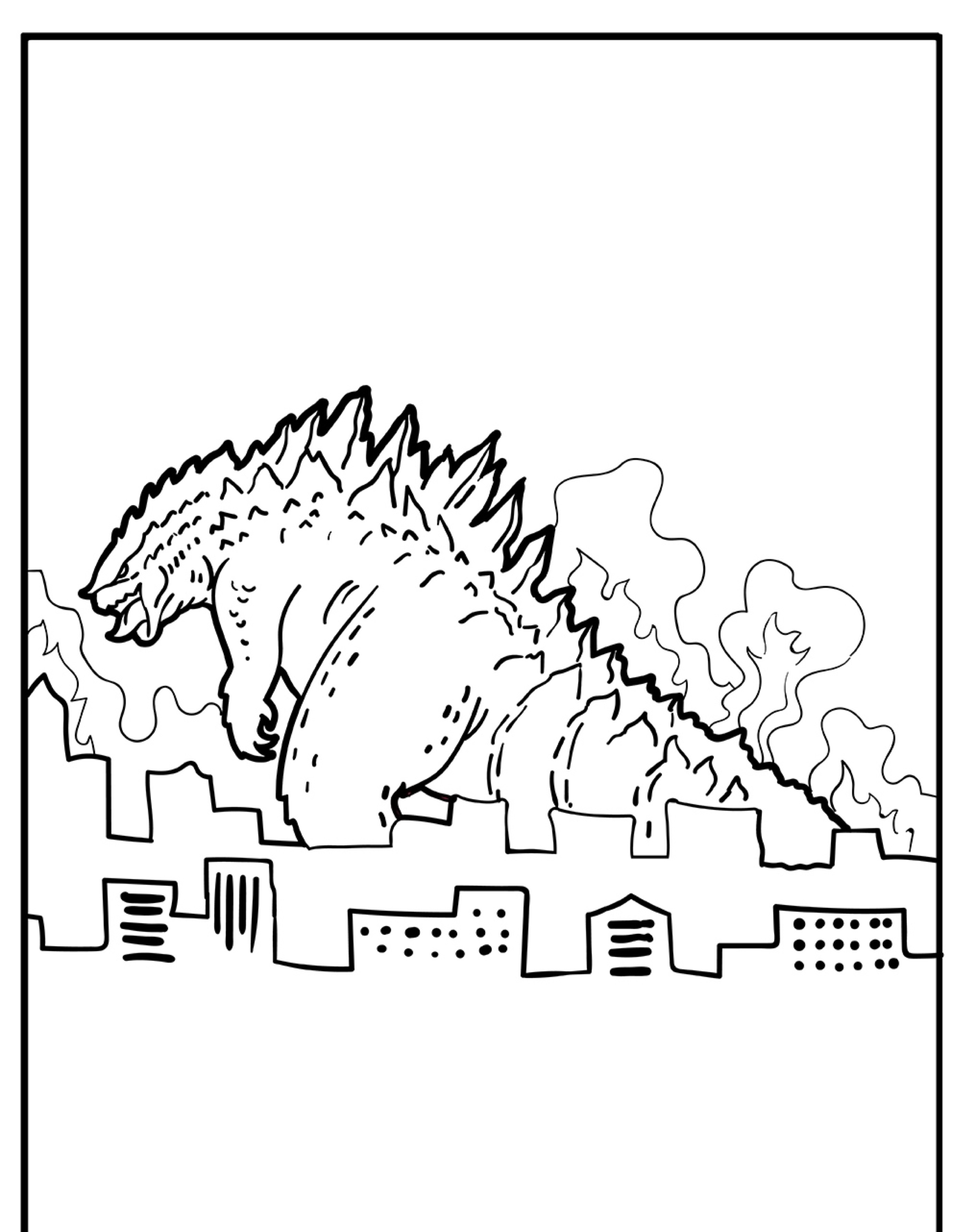 Um monstro gigante, parecido com Godzilla, devasta uma paisagem urbana em chamas e destruída, em arte linear em preto e branco, perfeita para colorir.