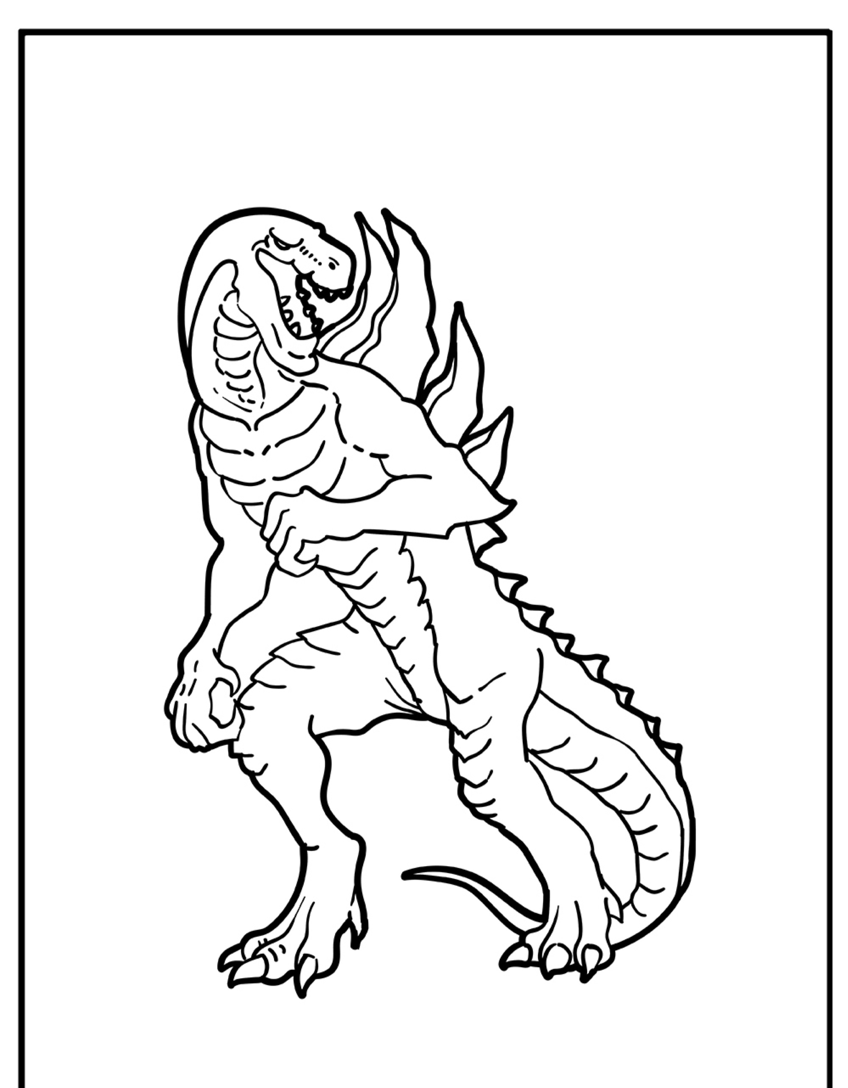 Ilustração de uma criatura parecida com um dinossauro com espinhos nas costas e uma cauda estendida, que lembra Godzilla, desenhada em preto e branco. Perfeito para entusiastas de desenhos de colorir.