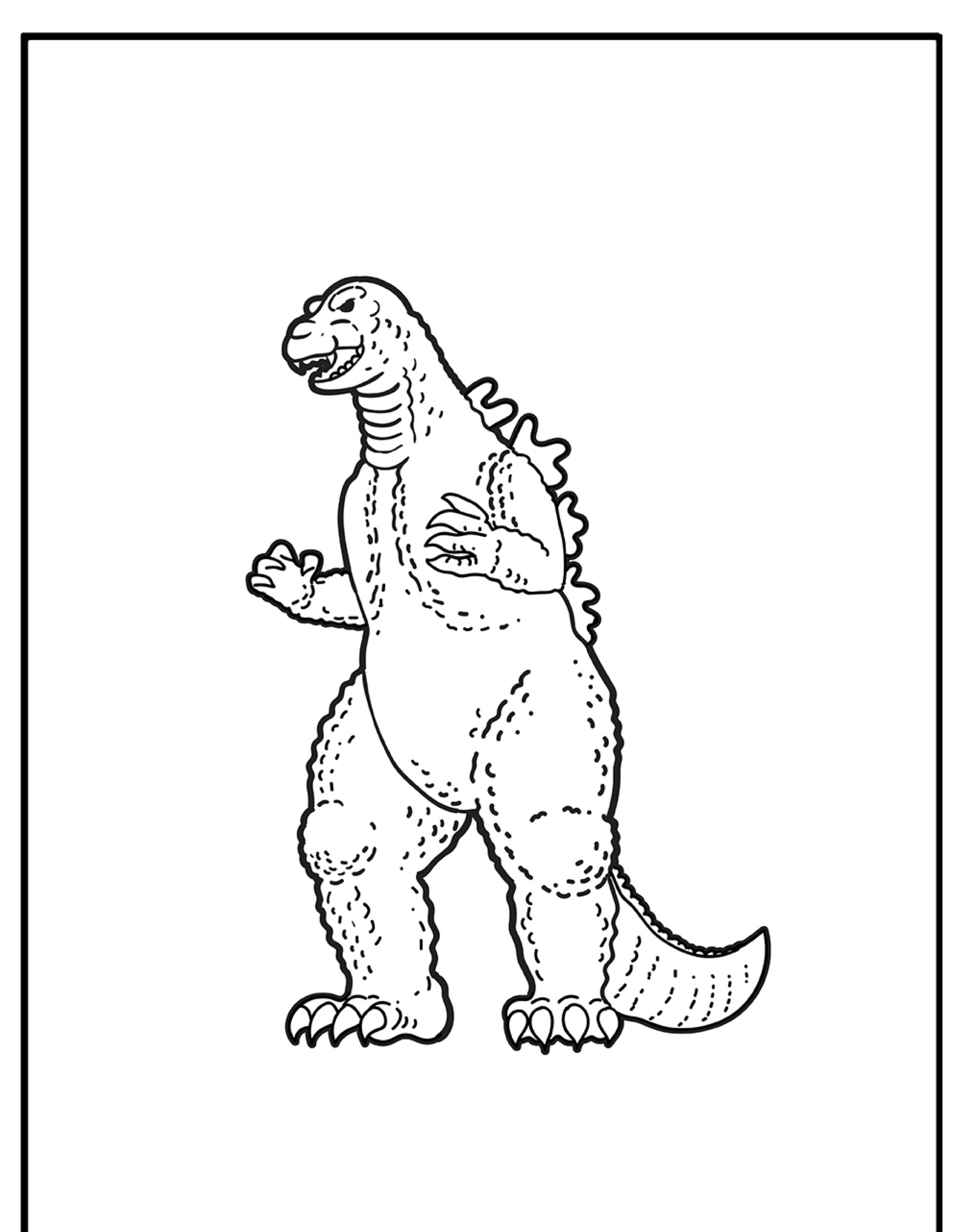 Desenho em preto e branco de um Godzilla de desenho animado com braços levantados e costas pontudas, em pé, dentro de uma moldura de caixa, perfeito para colorir e adicionar seu próprio toque criativo a esses desenhos.