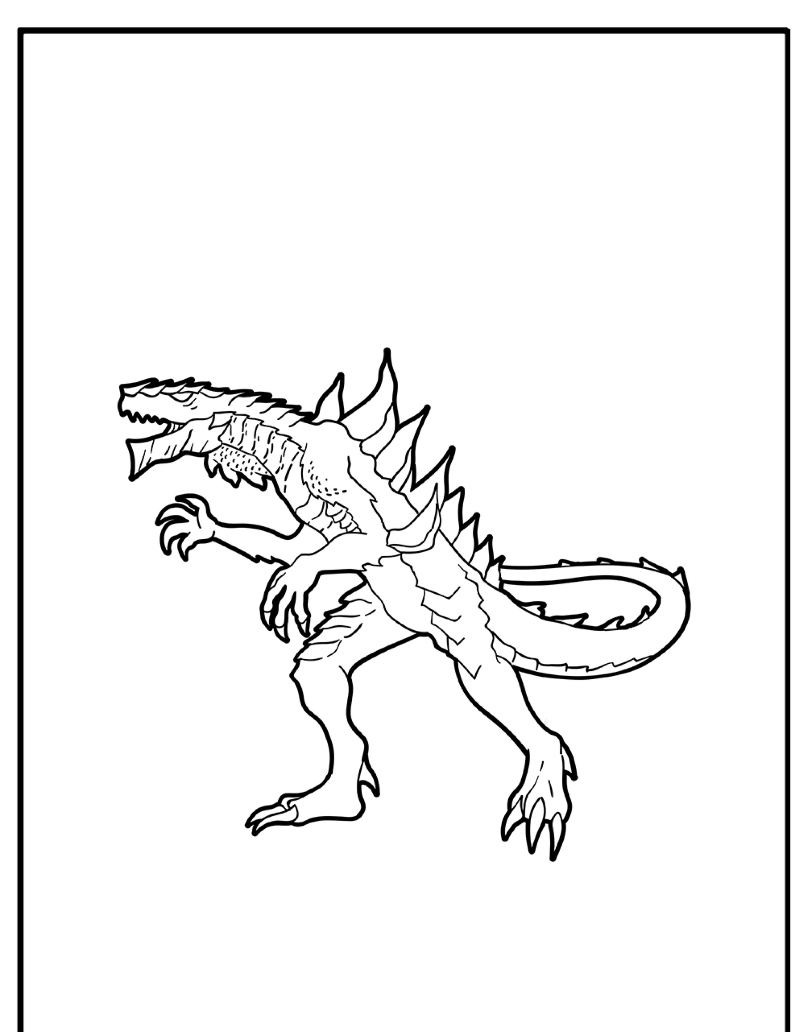 Esboço de um monstro parecido com um dinossauro com garras afiadas, espinhos nas costas e uma boca aberta, que lembra Godzilla, em um fundo branco. Ideal para desenho para colorir.