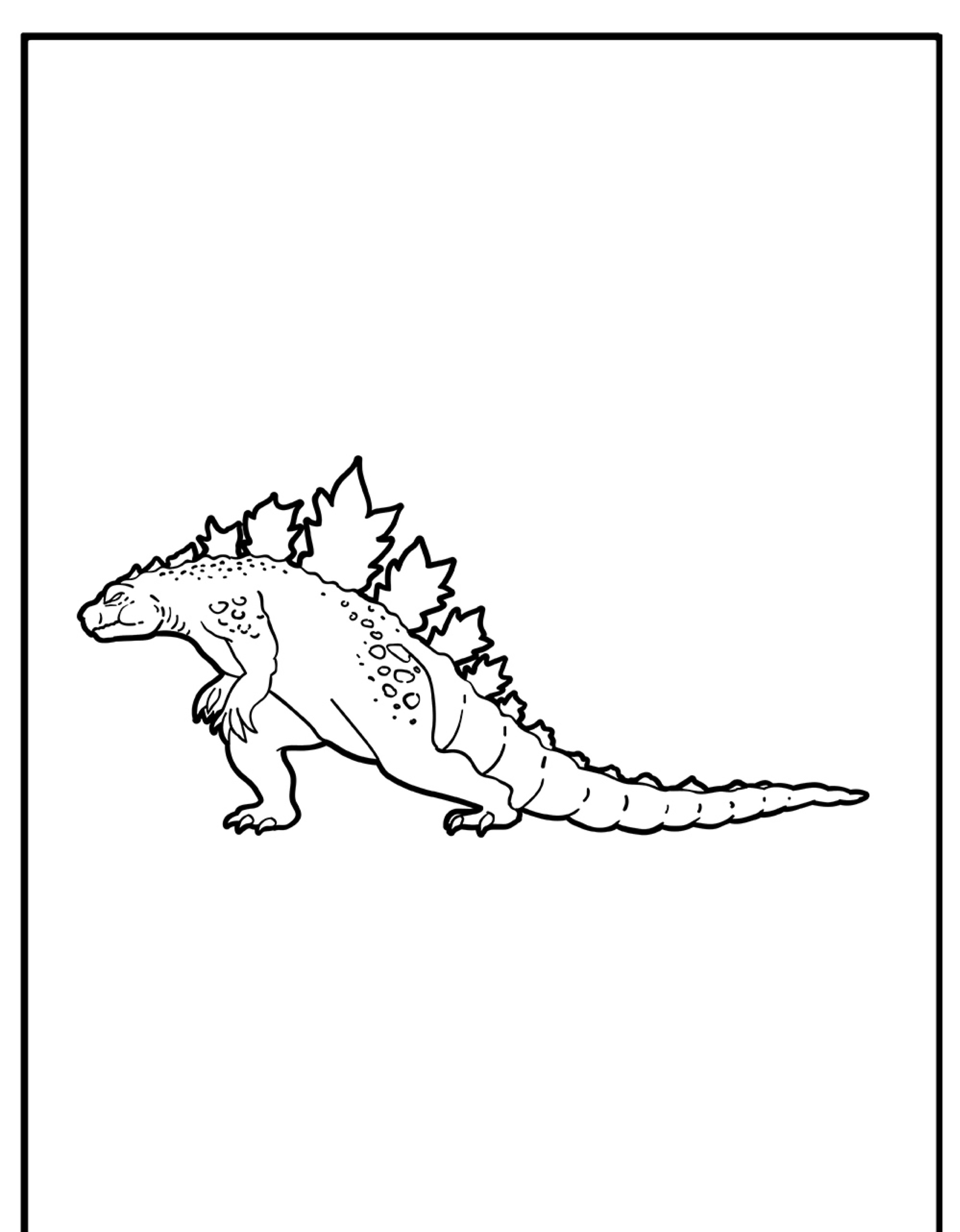 Desenho de uma grande criatura parecida com um dinossauro com placas traseiras pontiagudas e uma cauda longa, lembrando Godzilla, dentro de uma borda retangular. Ideal para desenhos de colorir.