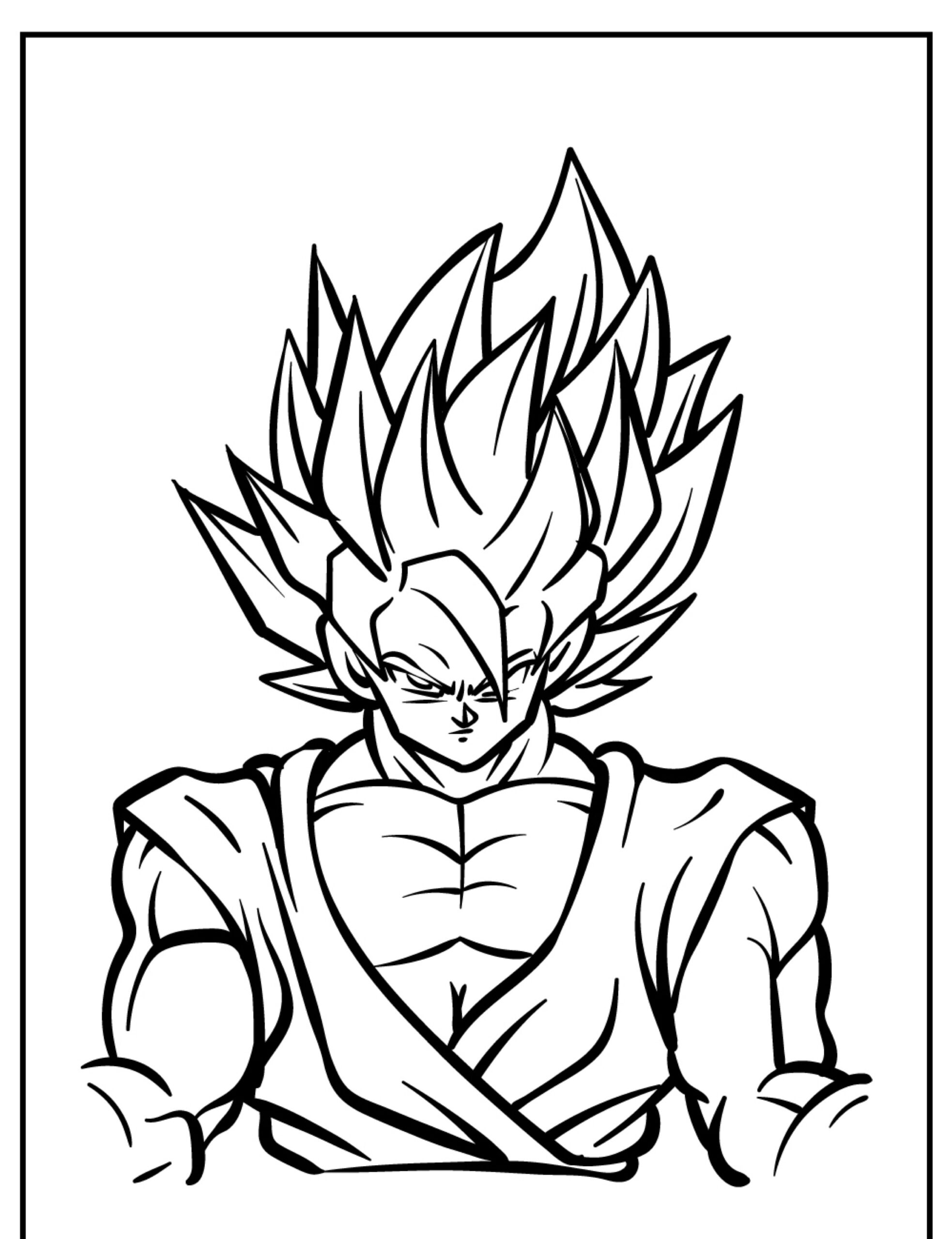 Desenho de um personagem de anime com cabelo espetado, constituição muscular, vestindo um robe sem mangas, parecendo determinado. Perfeito para fãs do Goku e ideal como desenho para colorir. Para colorir.