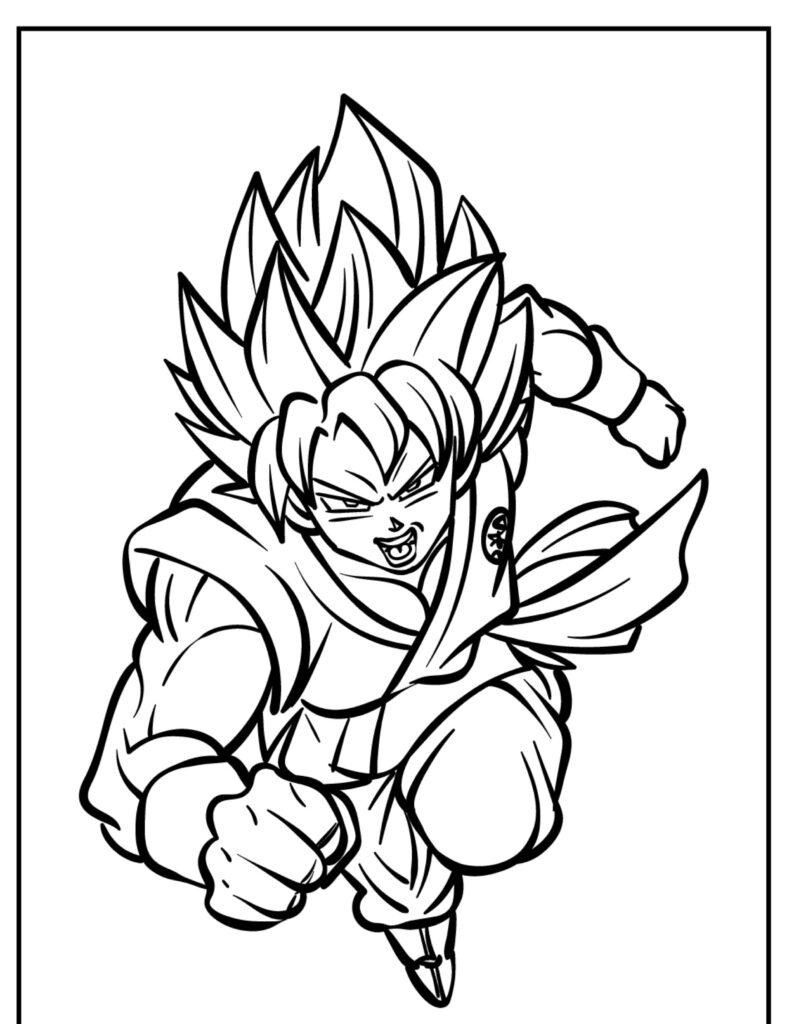 Personagem de anime com cabelo espetado e constituição muscular, que lembra Goku, voando para frente em uma pose de ação. A cena parece um desenho para colorir dinâmico, com o personagem vestindo uma roupa de artes marciais que enfatiza sua postura poderosa. Para colorir.