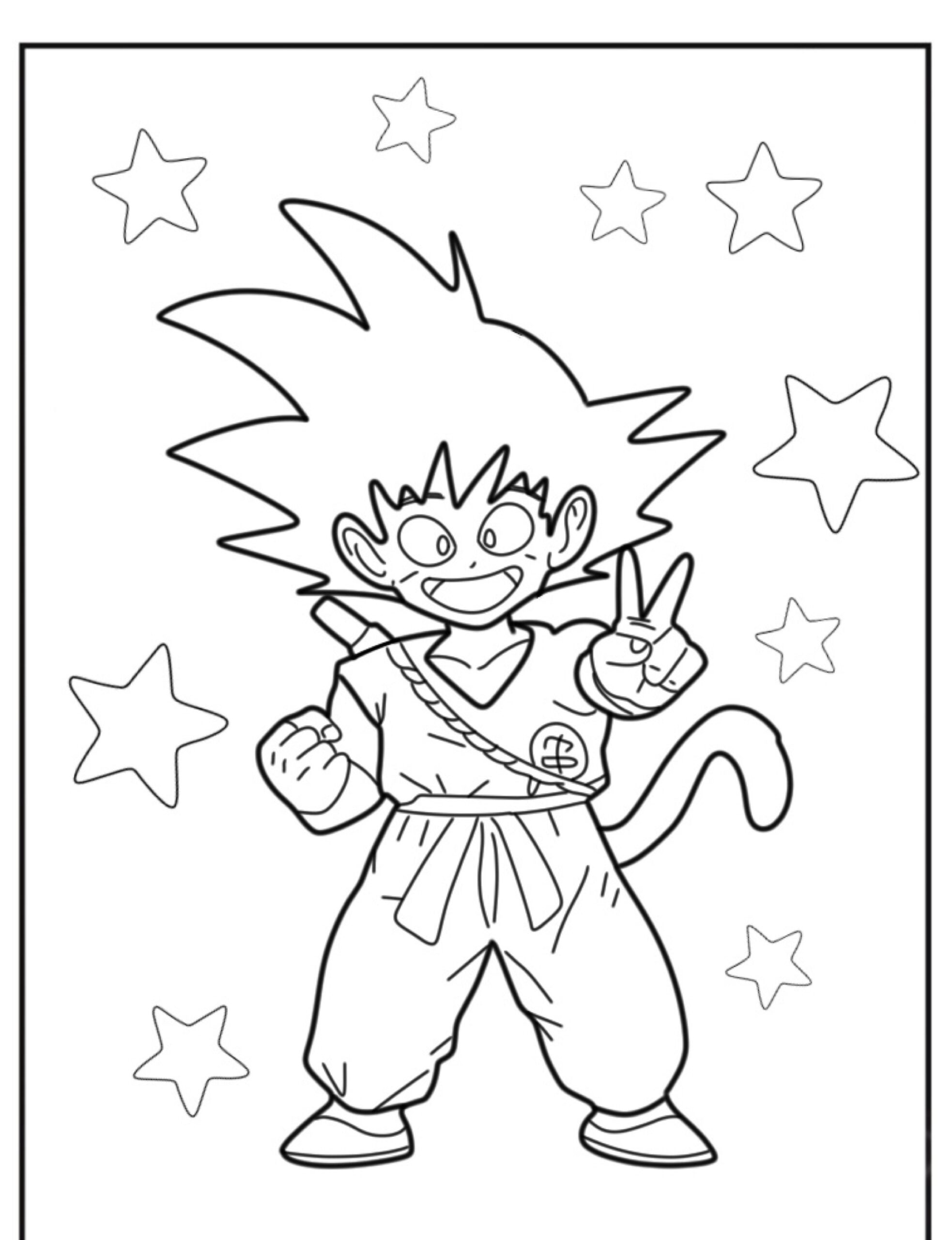 Uma página de colorir divertida com um personagem de desenho animado sorridente que lembra Goku, com cabelo espetado, uma cauda e estrelas no fundo. Perfeito para colorir e se divertir! Para colorir.