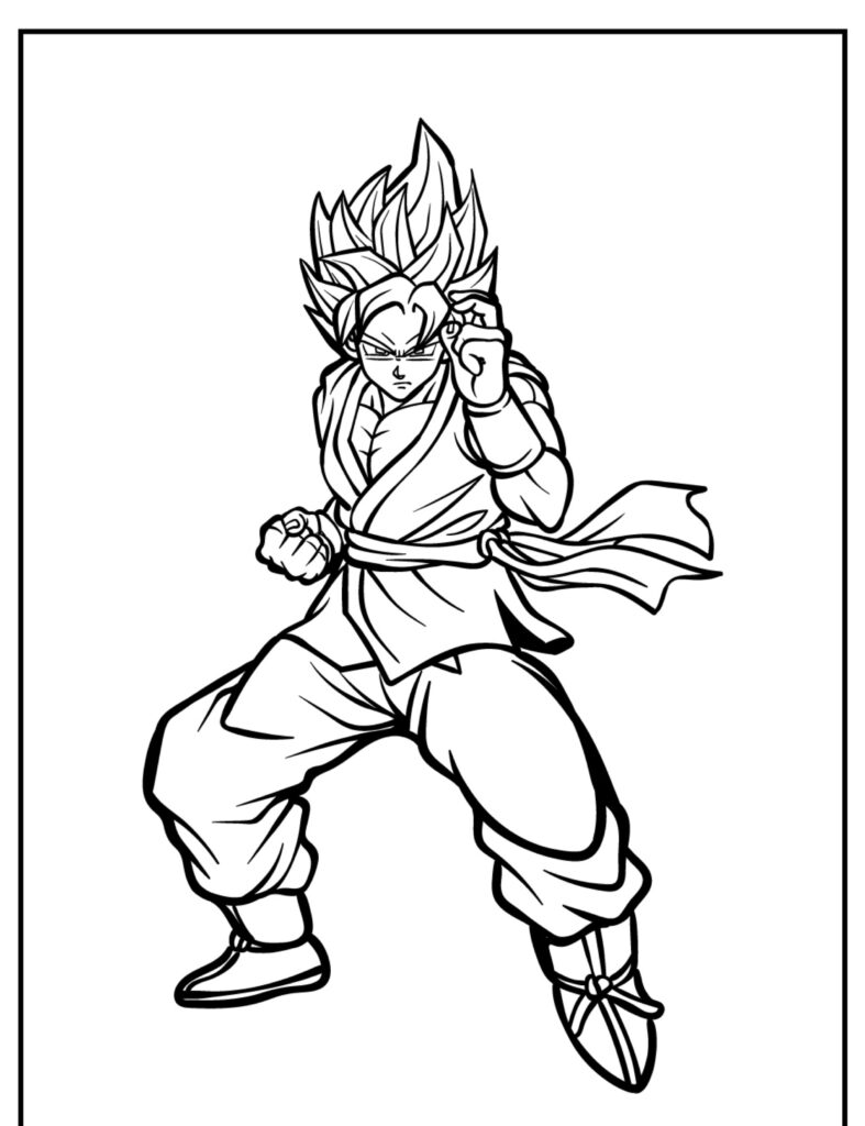 Um desenho de Goku com cabelo espetado em posição de luta, vestindo uma roupa de artes marciais, perfeito para os fãs colorirem. Para colorir.