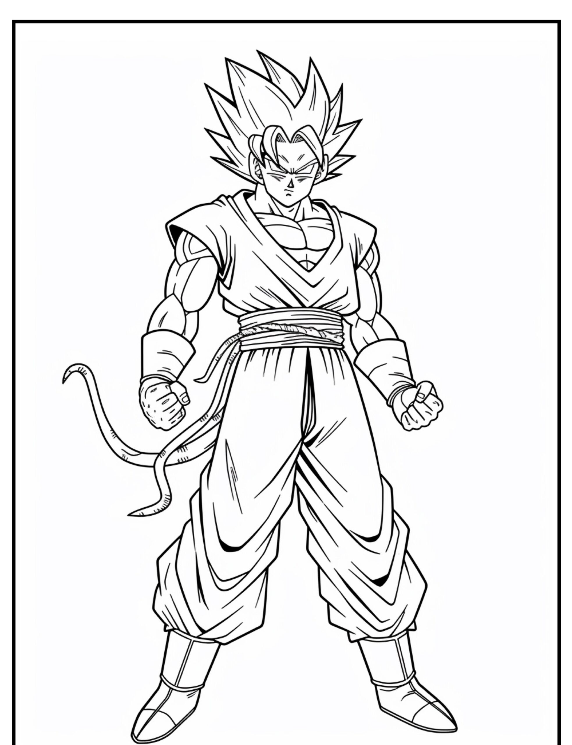 Um desenho em preto e branco de um personagem musculoso com cabelo espetado, parecido com Goku, vestindo uma roupa de artes marciais e de pé com os punhos cerrados, pronto para colorir. Para colorir.