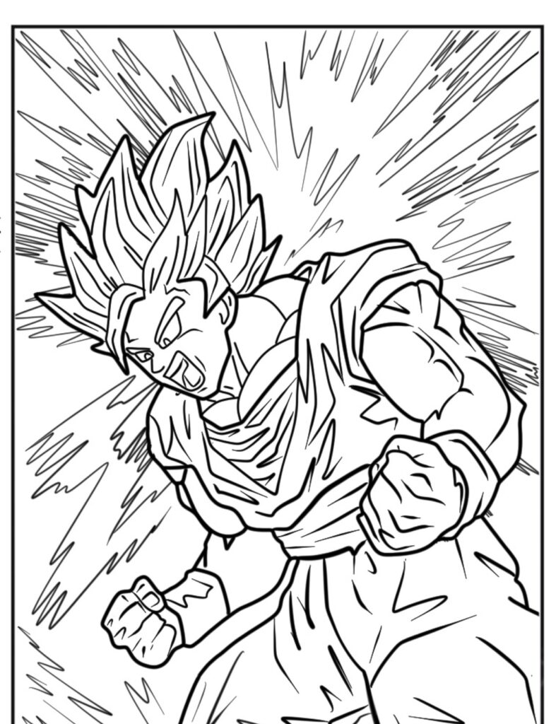 Desenho em preto e branco de um poderoso personagem de anime, parecido com Goku, com cabelo espetado emitindo energia, punhos cerrados e gritando. Uma imagem impressionante para colorir. Para colorir.