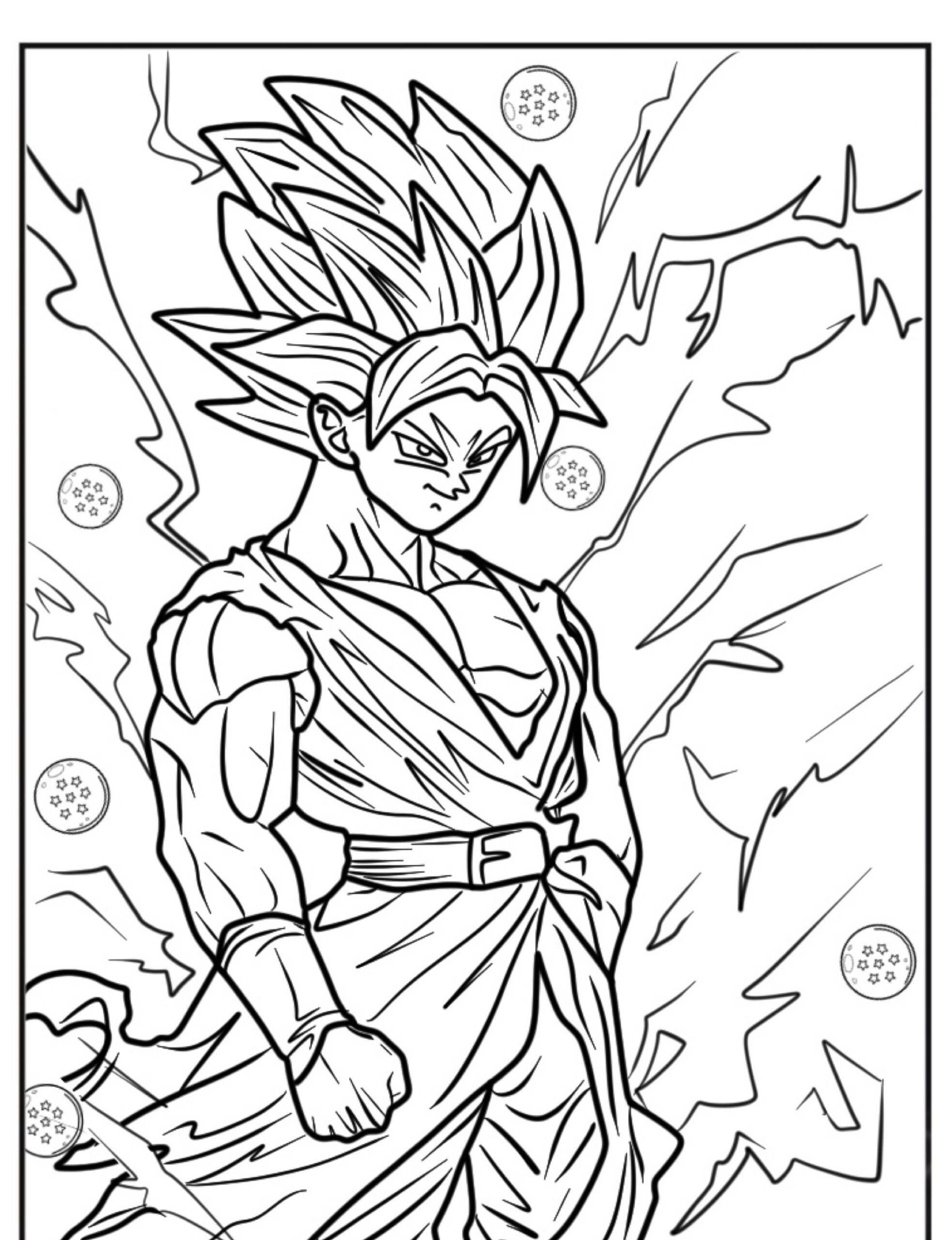 Desenho em preto e branco de um personagem musculoso com cabelo espetado e uma aura dinâmica, cercado por símbolos de Dragon Ball — perfeito como Goku para colorir. Para colorir.