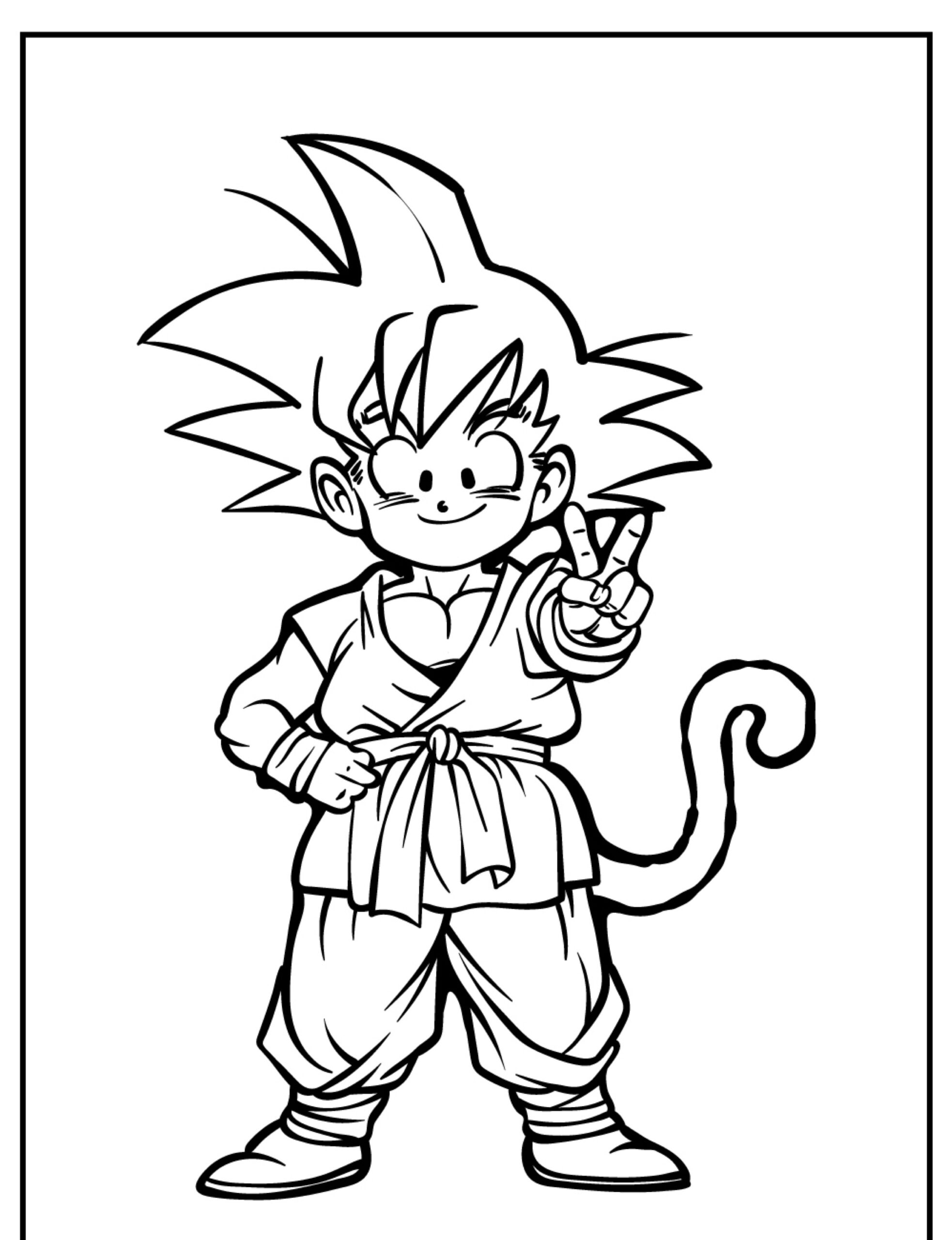 Desenho em preto e branco de uma criança com cabelo espetado, rabo de macaco, usando traje de artes marciais e fazendo sinal de paz. Perfeito para colorir seu desenho favorito do Goku! Para colorir.