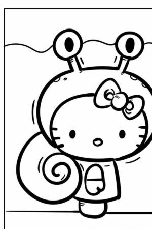 Um personagem de desenho animado vestido como um caracol com uma concha e hastes oculares está alegremente, usando um laço na cabeça. Perfeito para desenho para colorir, esta figura lúdica traz um toque de charme Hello Kit para qualquer aventura de colorir.