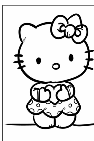 Ilustração de um gato usando um vestido de bolinhas e um laço, segurando as mãos em formato de coração, perfeito para Desenhos para colorir.