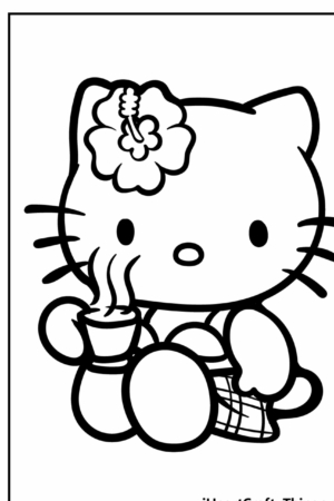 Desenho da Hello Kitty usando uma flor de hibisco e segurando uma pequena xícara com vapor saindo dela — desenho para colorir perfeito para fãs da adorável Hello Kit!